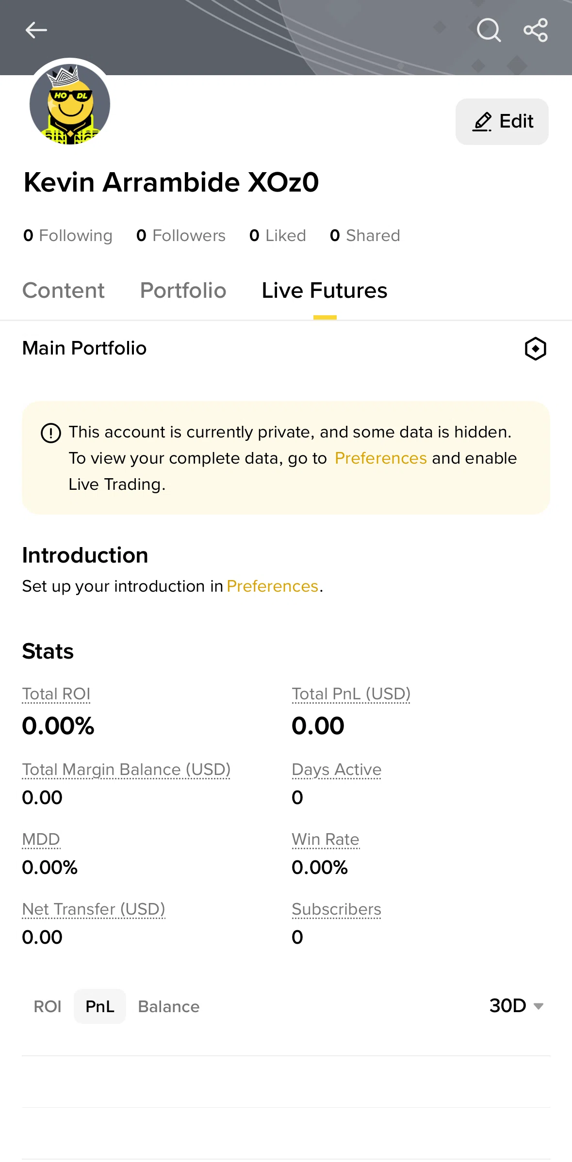 Binance Screen screen in the Enabling live trading flow