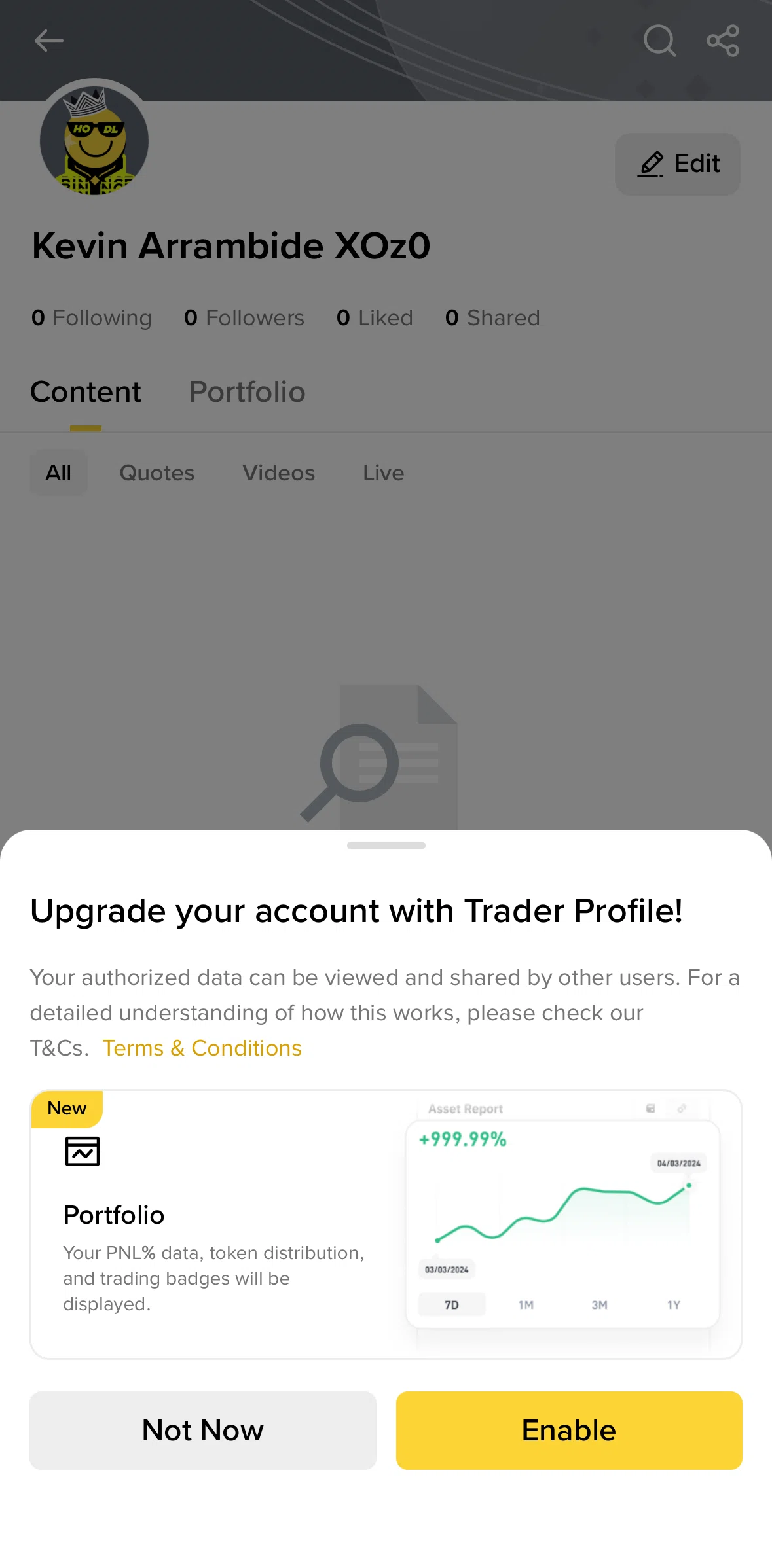Binance Screen screen in the Enabling trader profile flow