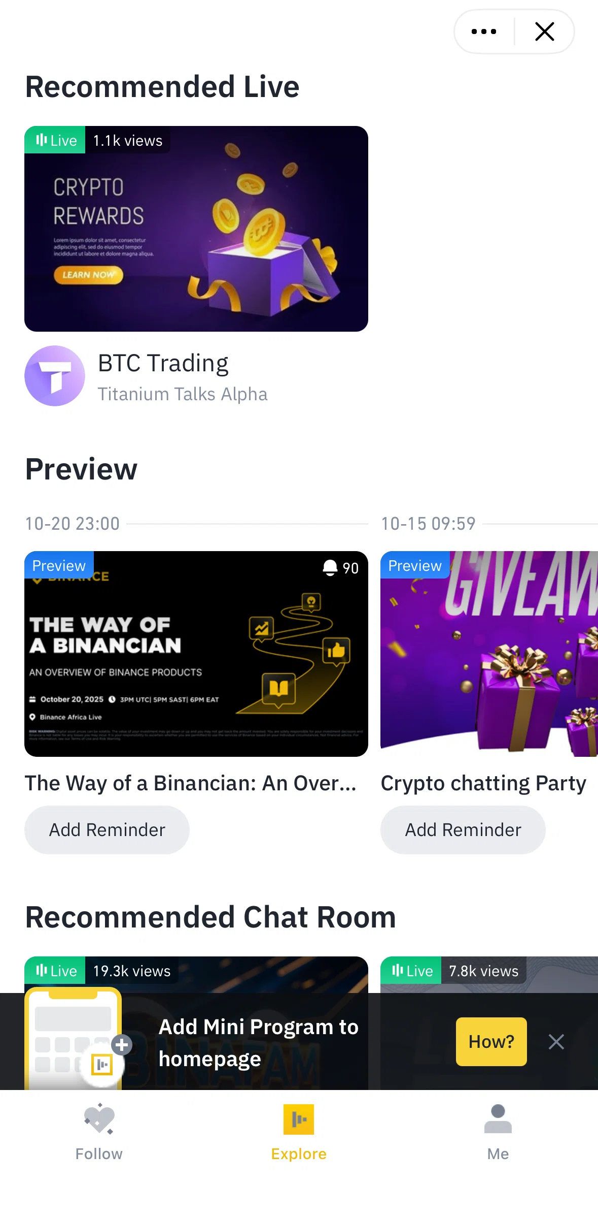 Binance Screen screen in the Explore flow