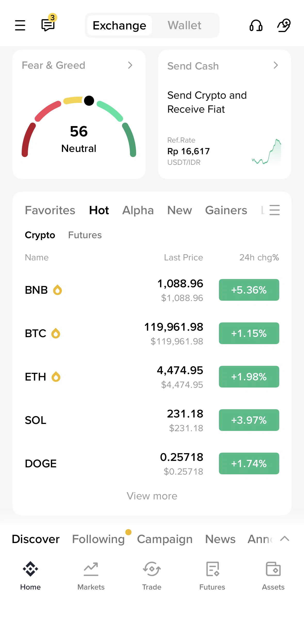 Binance Screen screen in the Fear & greed index flow