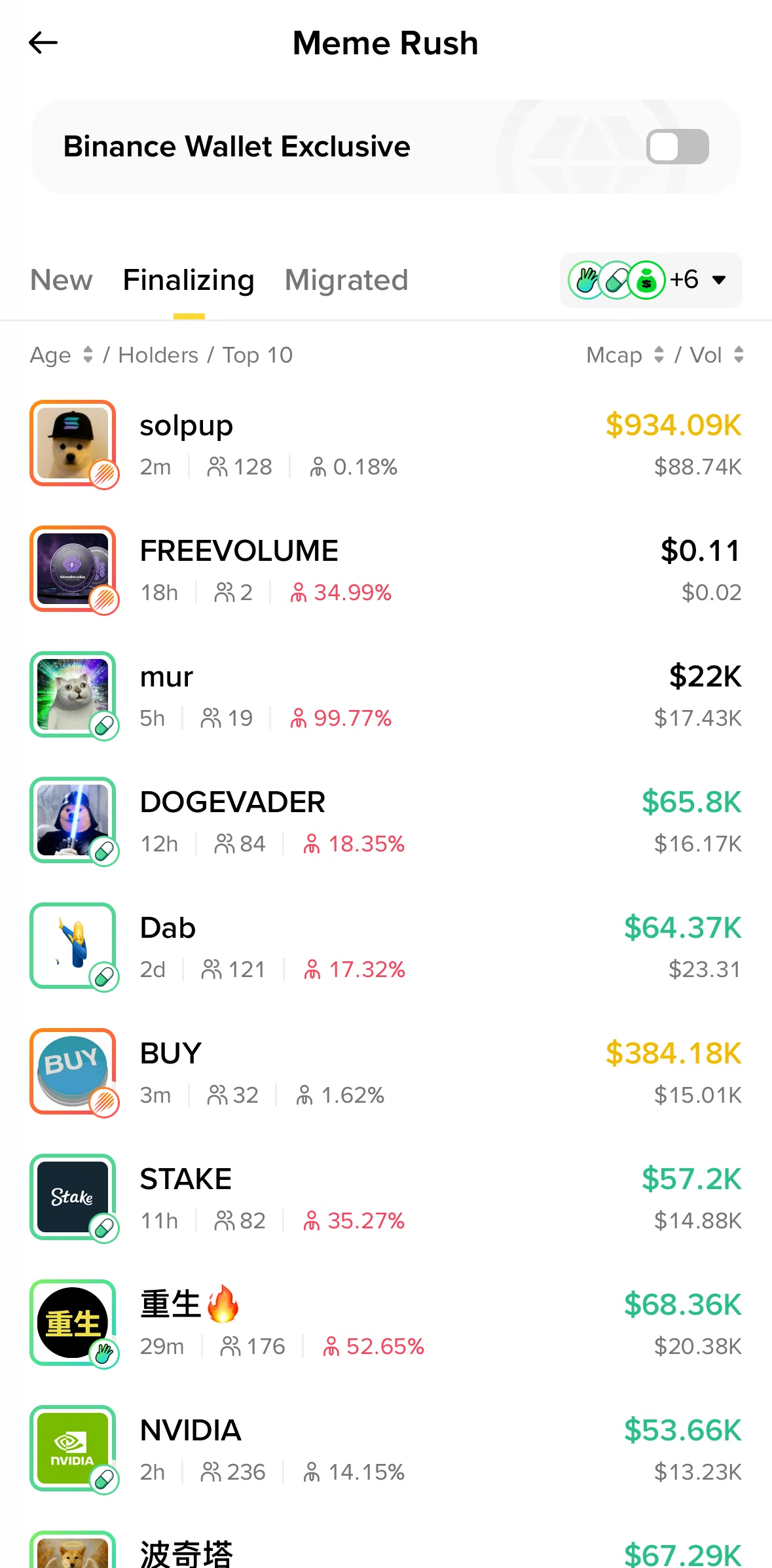 Binance Screen screen in the Filtering meme coins flow