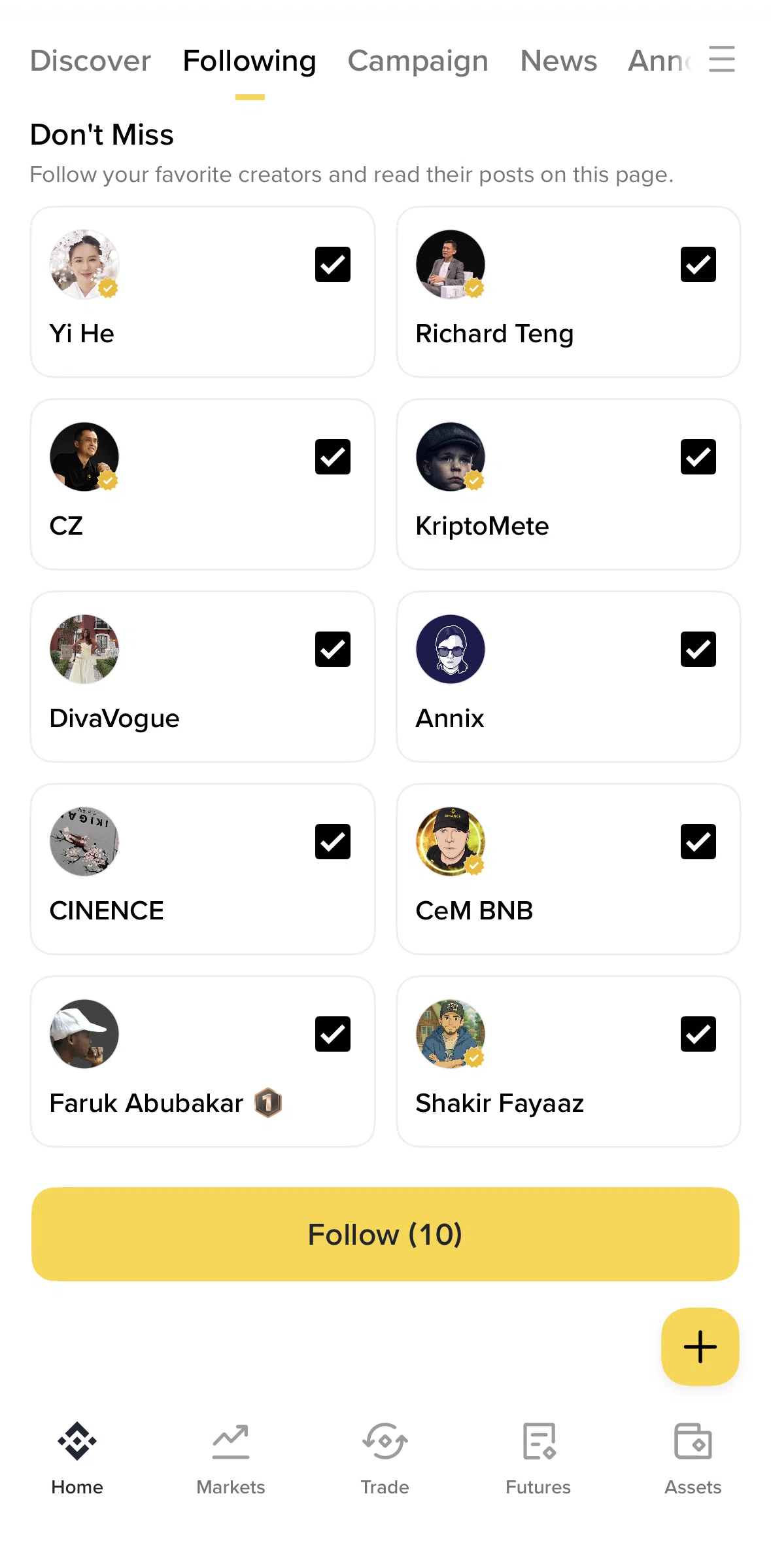 Binance Screen screen in the Following flow