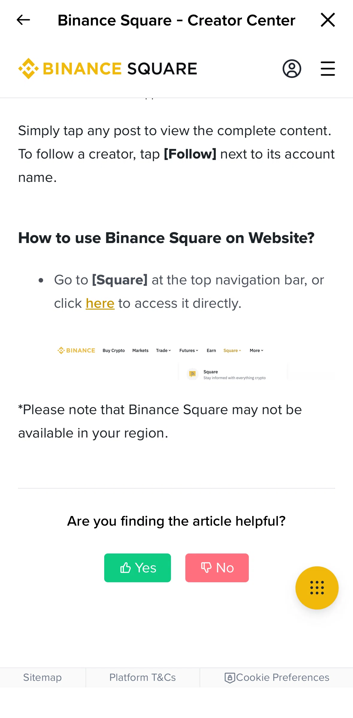 Binance Screen screen in the Giving a feedback (creator academy) flow