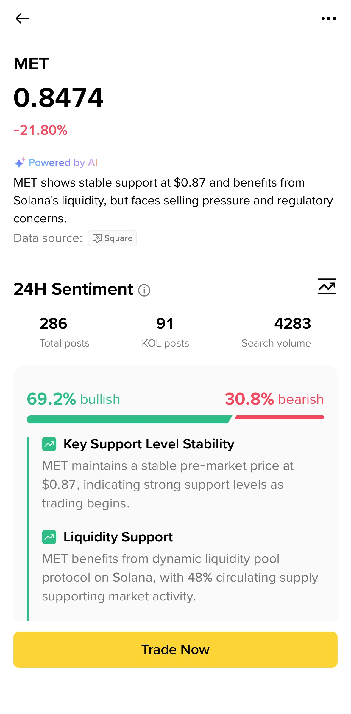 Binance Screen screen in the Historical sentiment flow