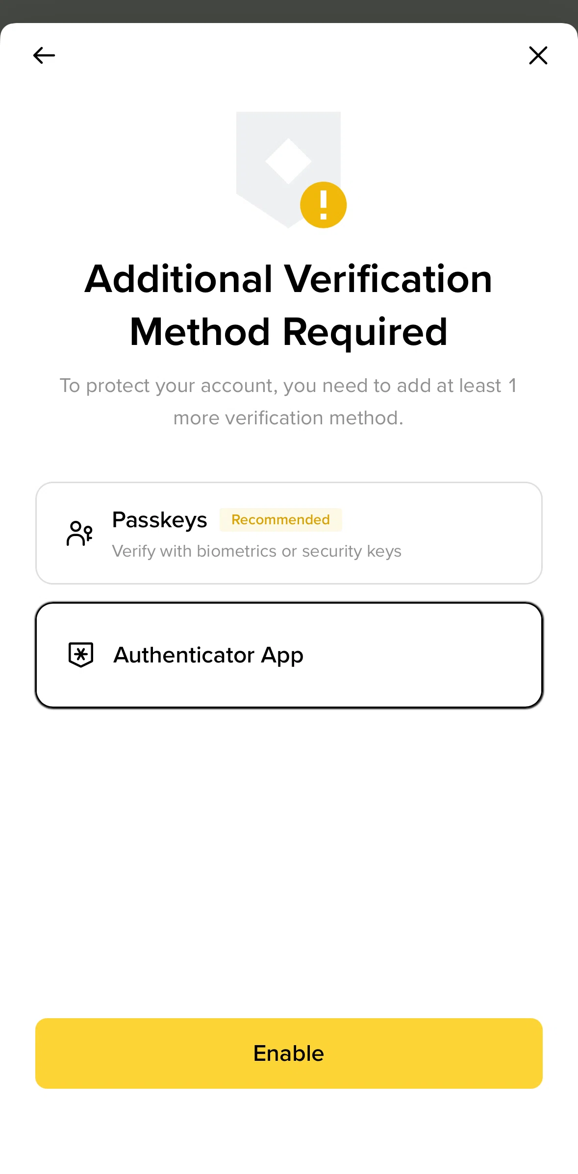 Binance Screen screen in the Linking an authenticator app flow