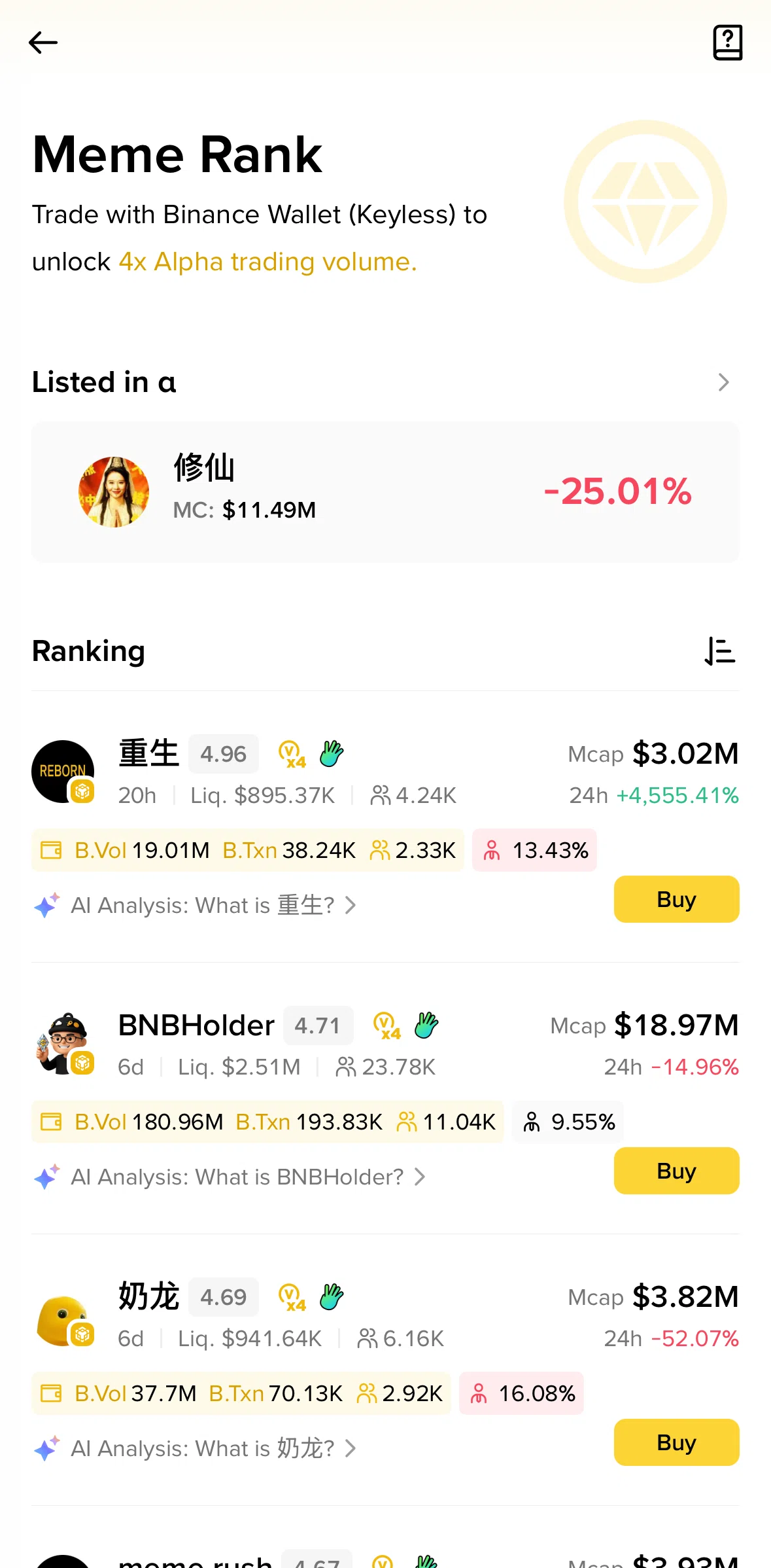 Binance Screen screen in the Listed in Alpha flow