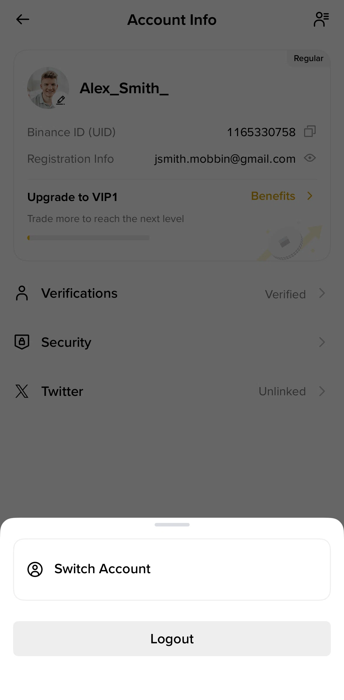 Binance Screen screen in the Logging out flow