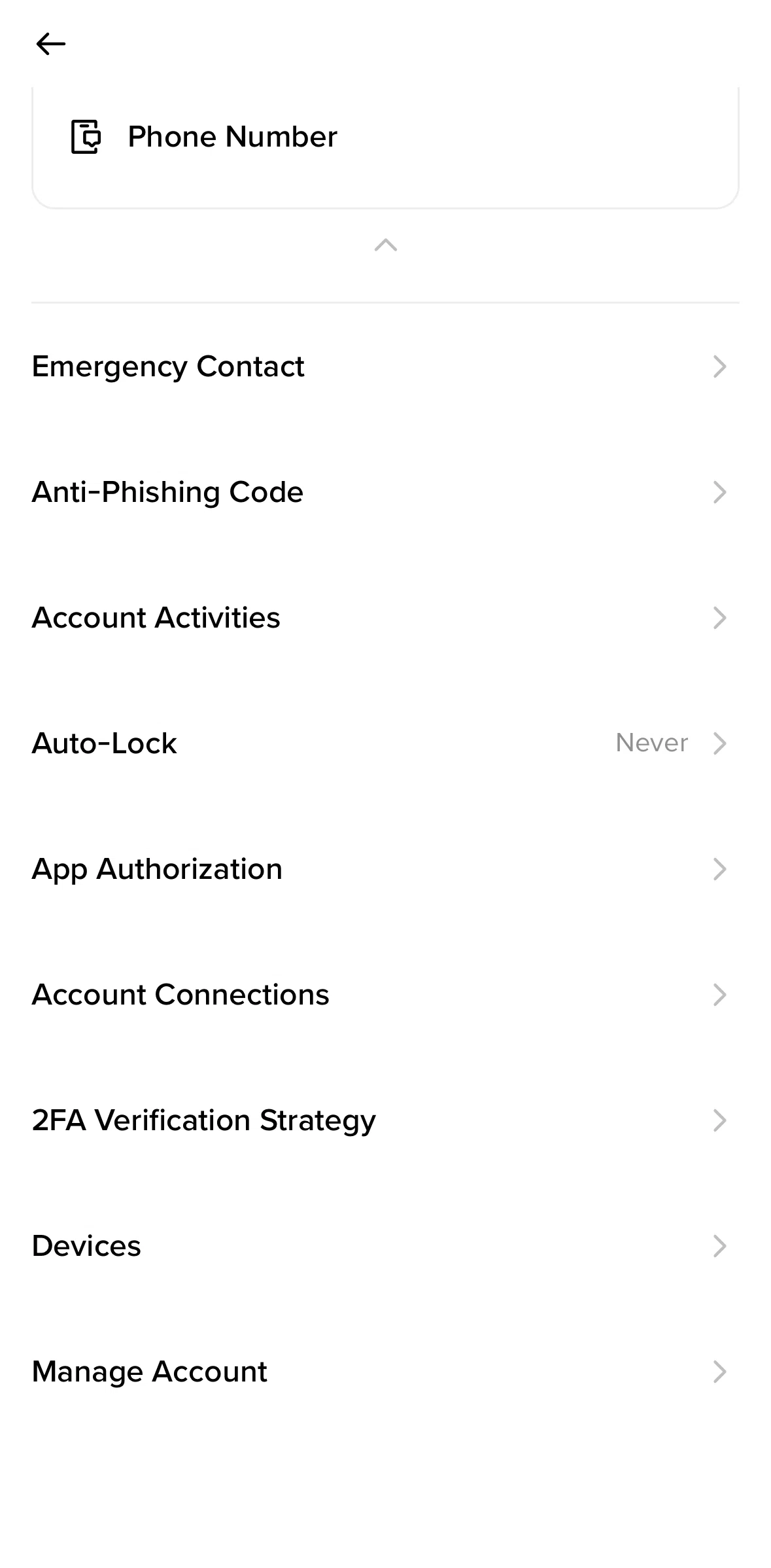 Binance Screen screen in the Manage account flow