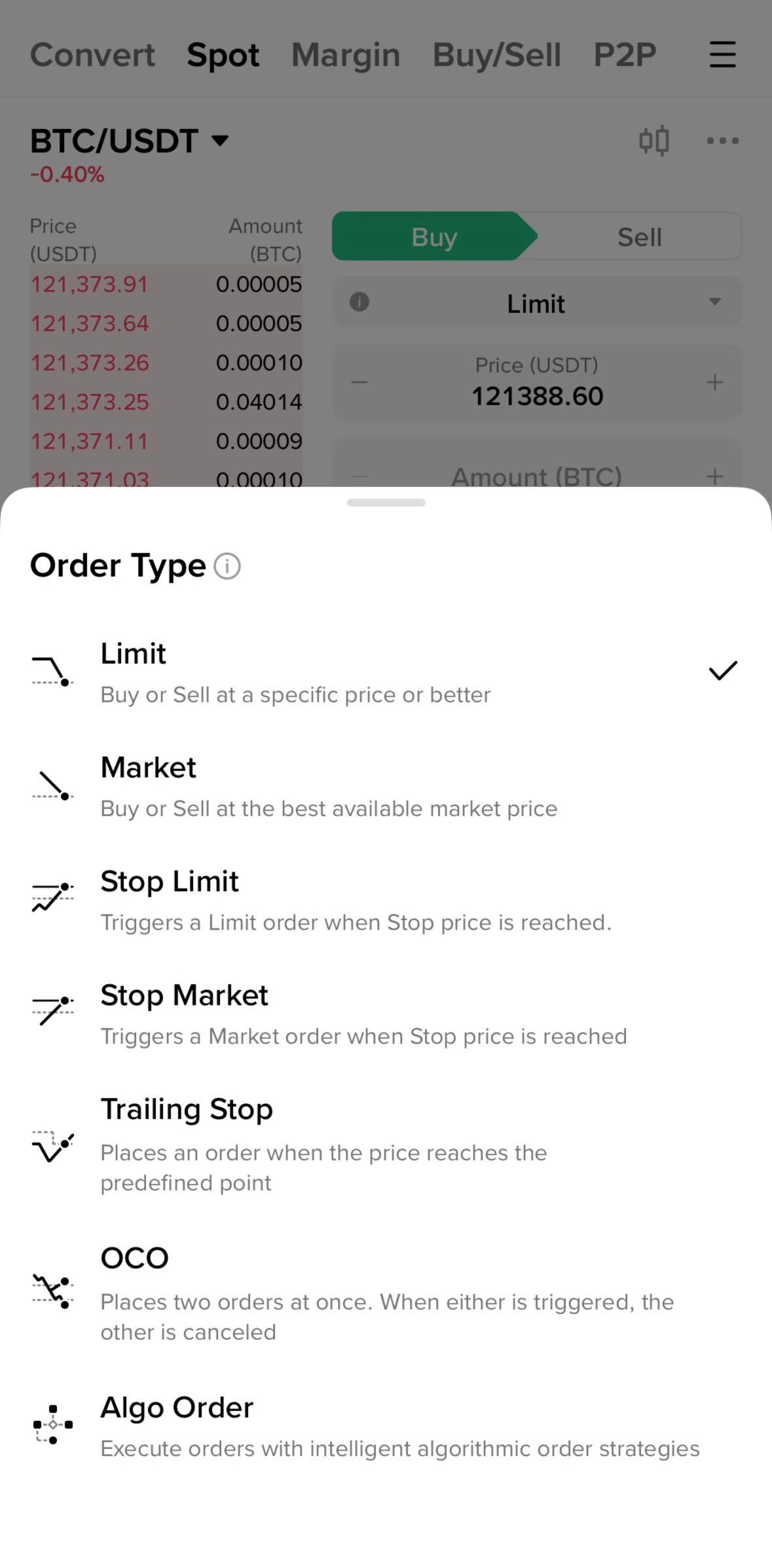 Binance Screen screen in the Order type information flow
