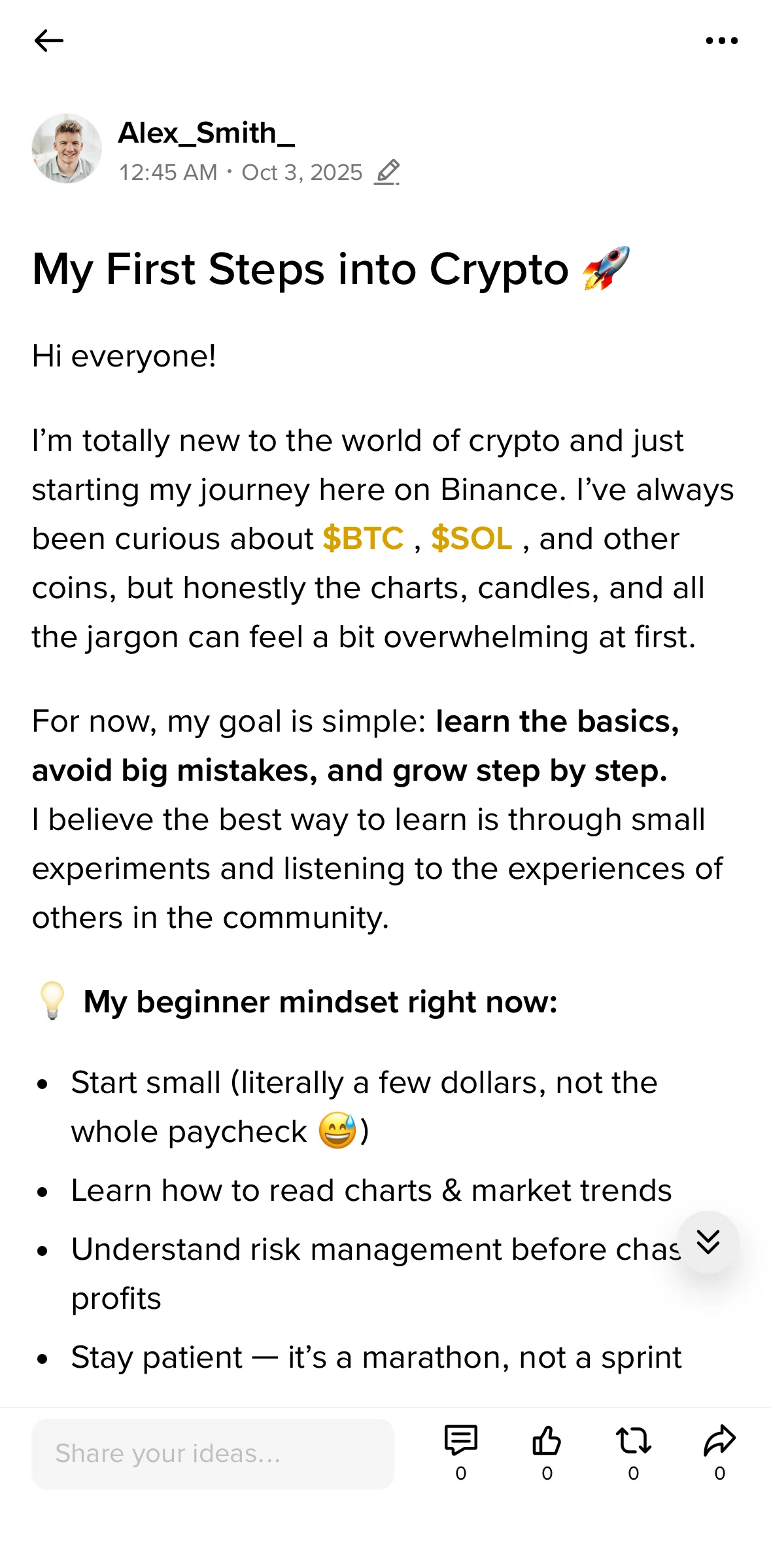 Binance Screen screen in the Pinning a post to profile flow