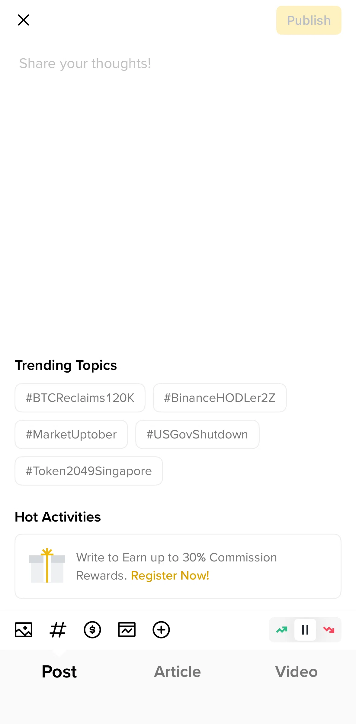 Binance Screen screen in the Publishing a post flow