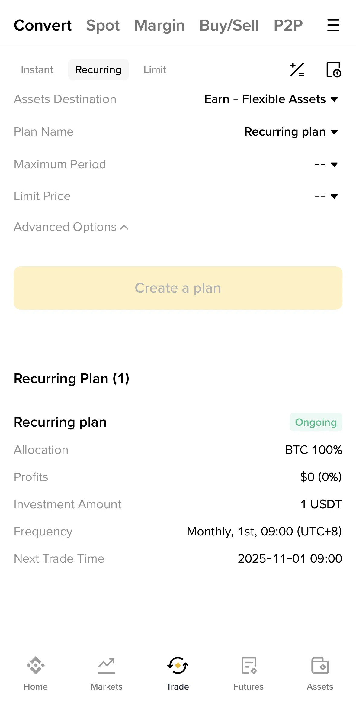 Binance Screen screen in the Removing a plan flow