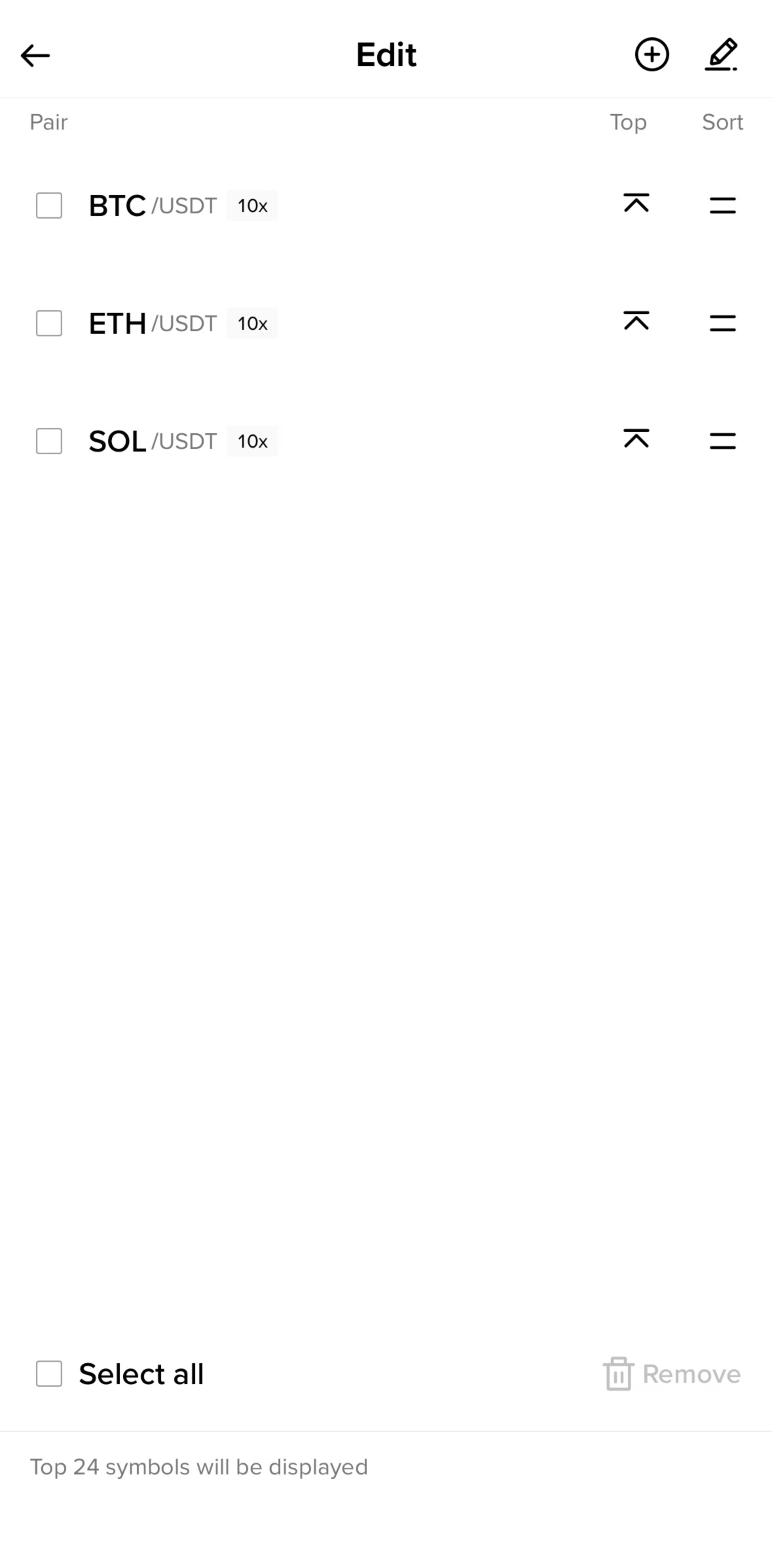 Binance Screen screen in the Reordering coins flow