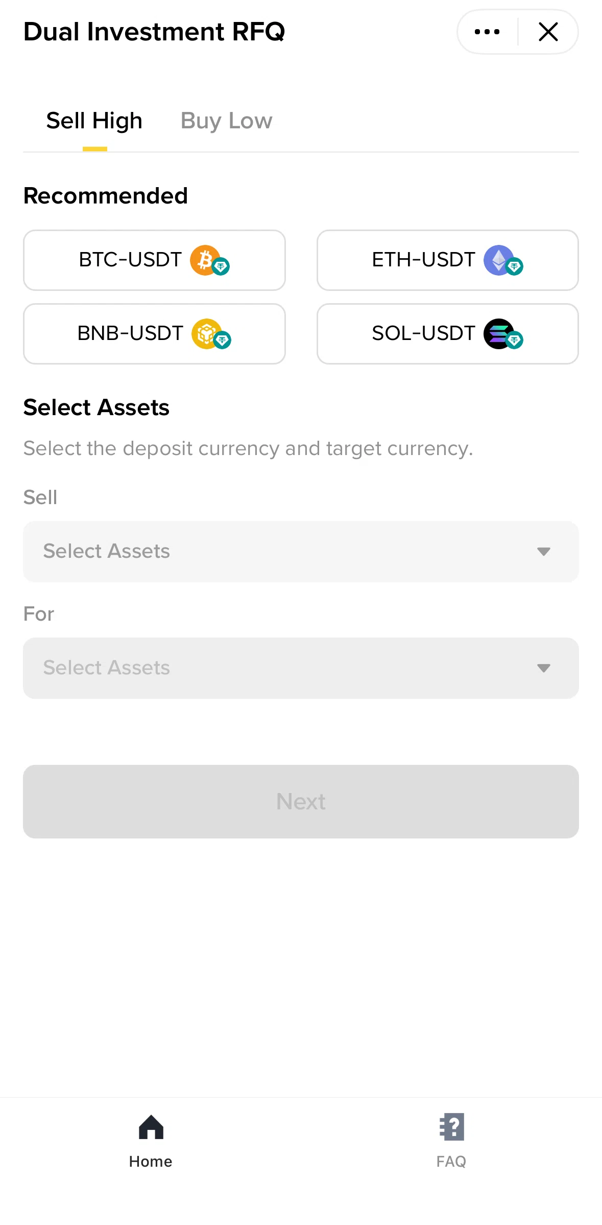 Binance Screen screen in the Request for quote flow