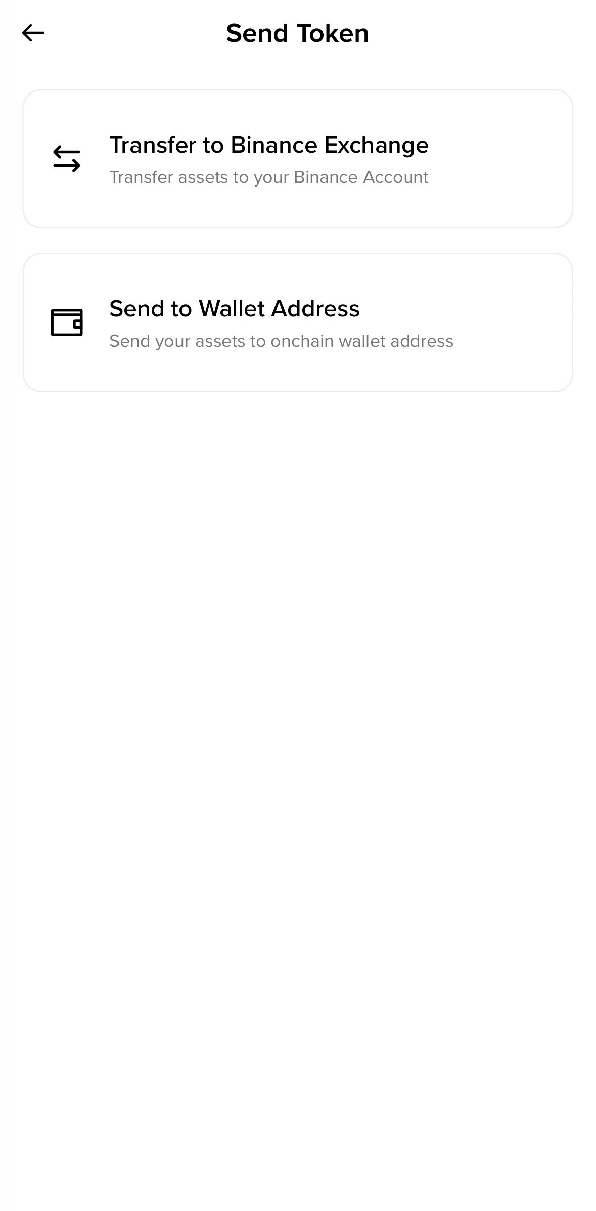 Binance Screen screen in the Sending a token to a wallet flow