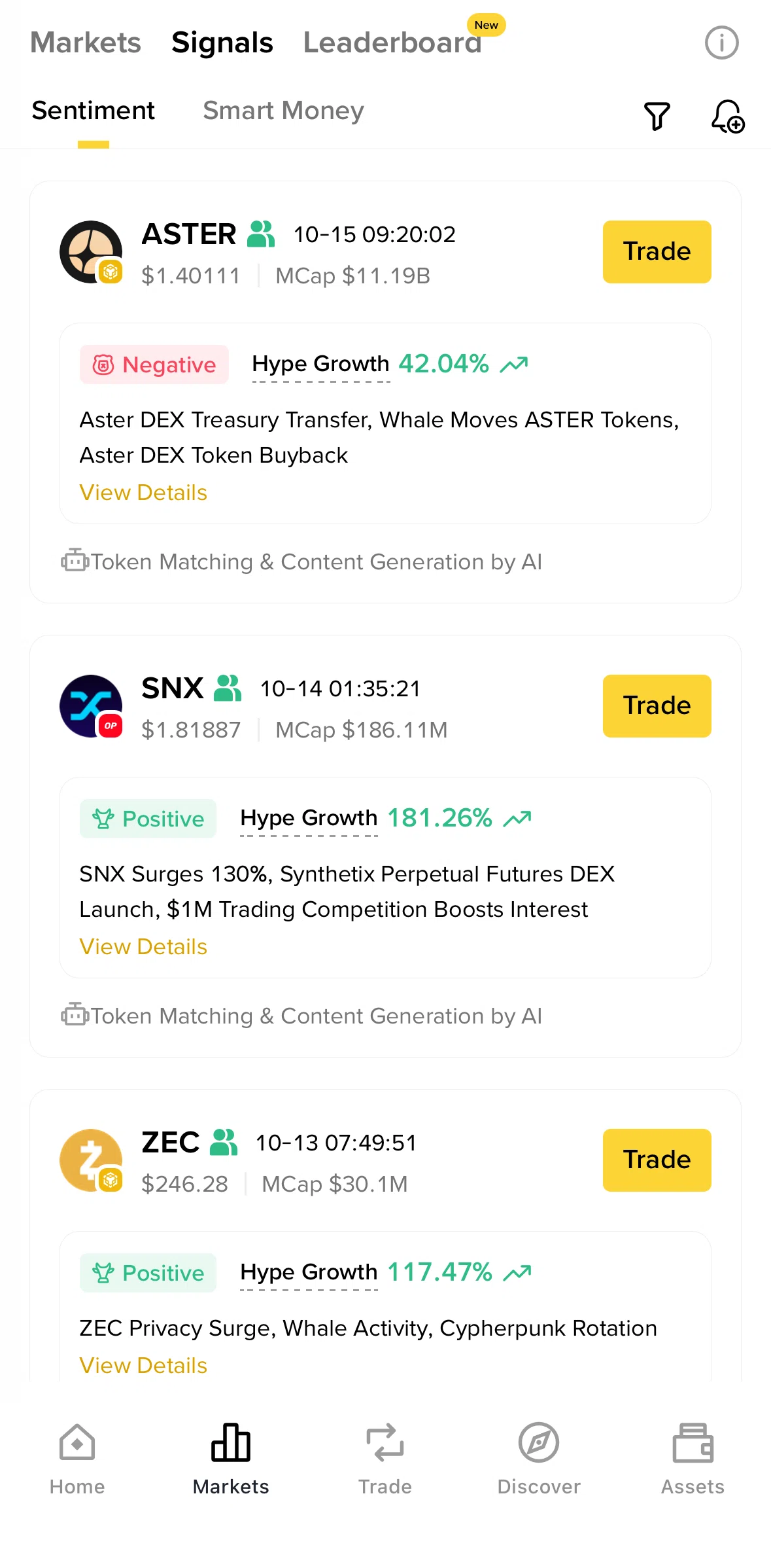 Binance Screen screen in the Sentiment detail flow