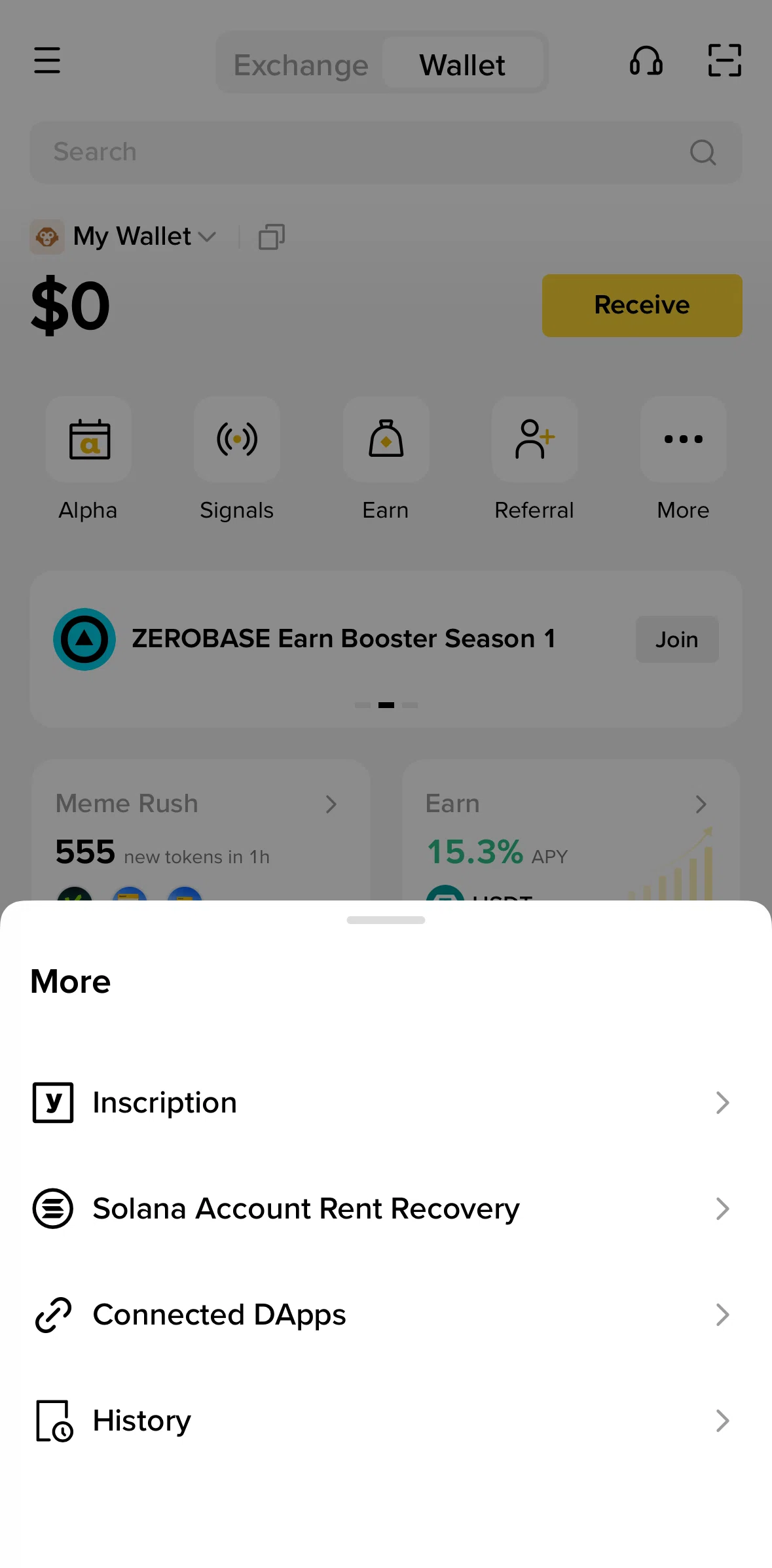 Binance Screen screen in the Solana account rent recovery flow