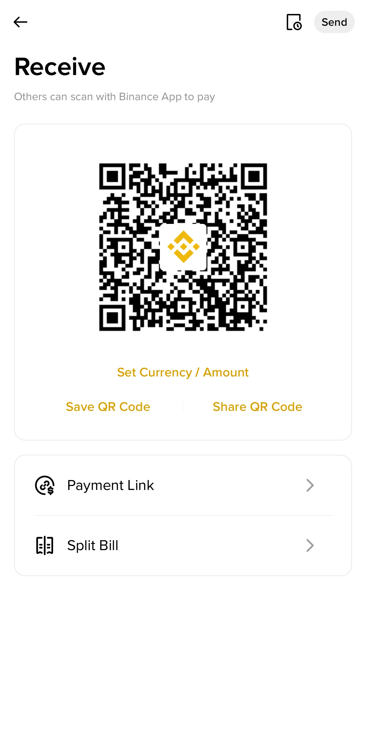 Binance Screen screen in the Split bill flow