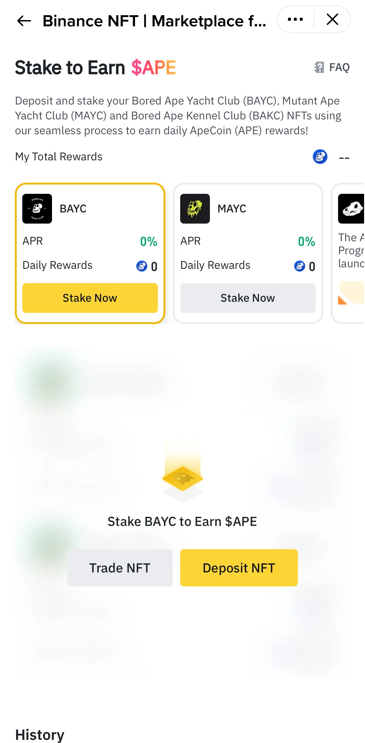 Binance Screen screen in the Stake an NFT flow