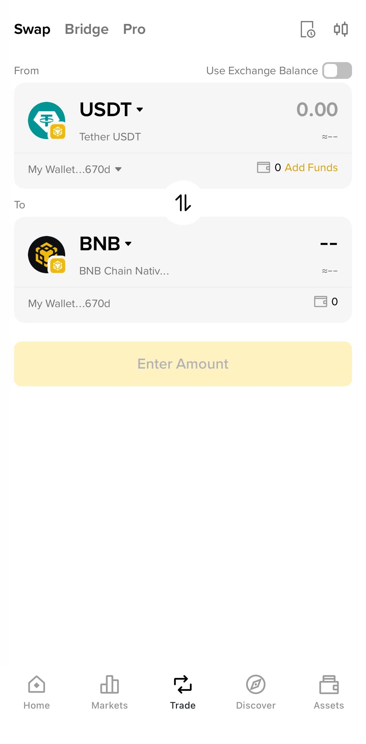 Binance Screen screen in the Swap coins flow