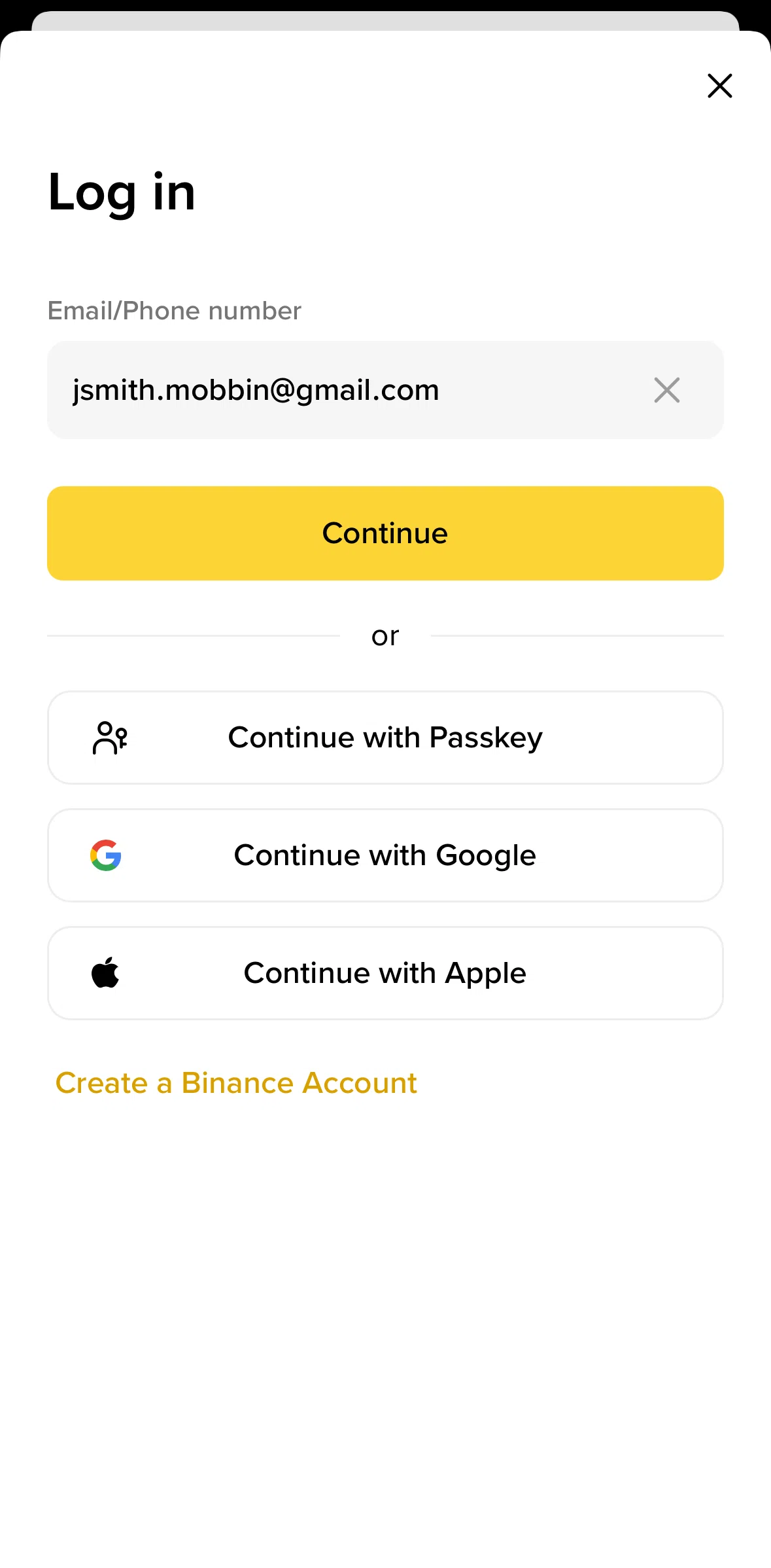 Binance Screen screen in the Unlocking an account flow