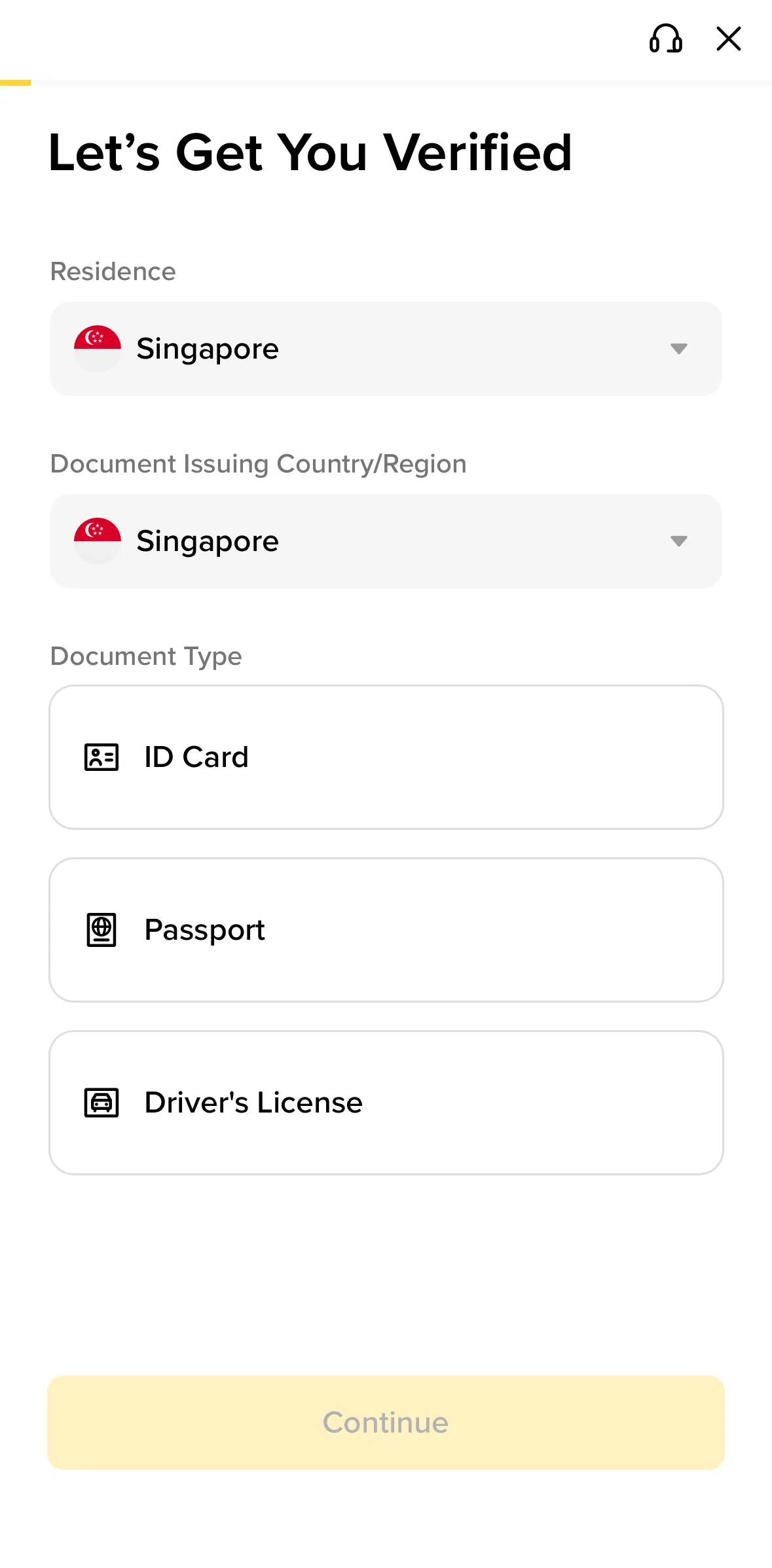 Binance Screen screen in the Verifying account flow