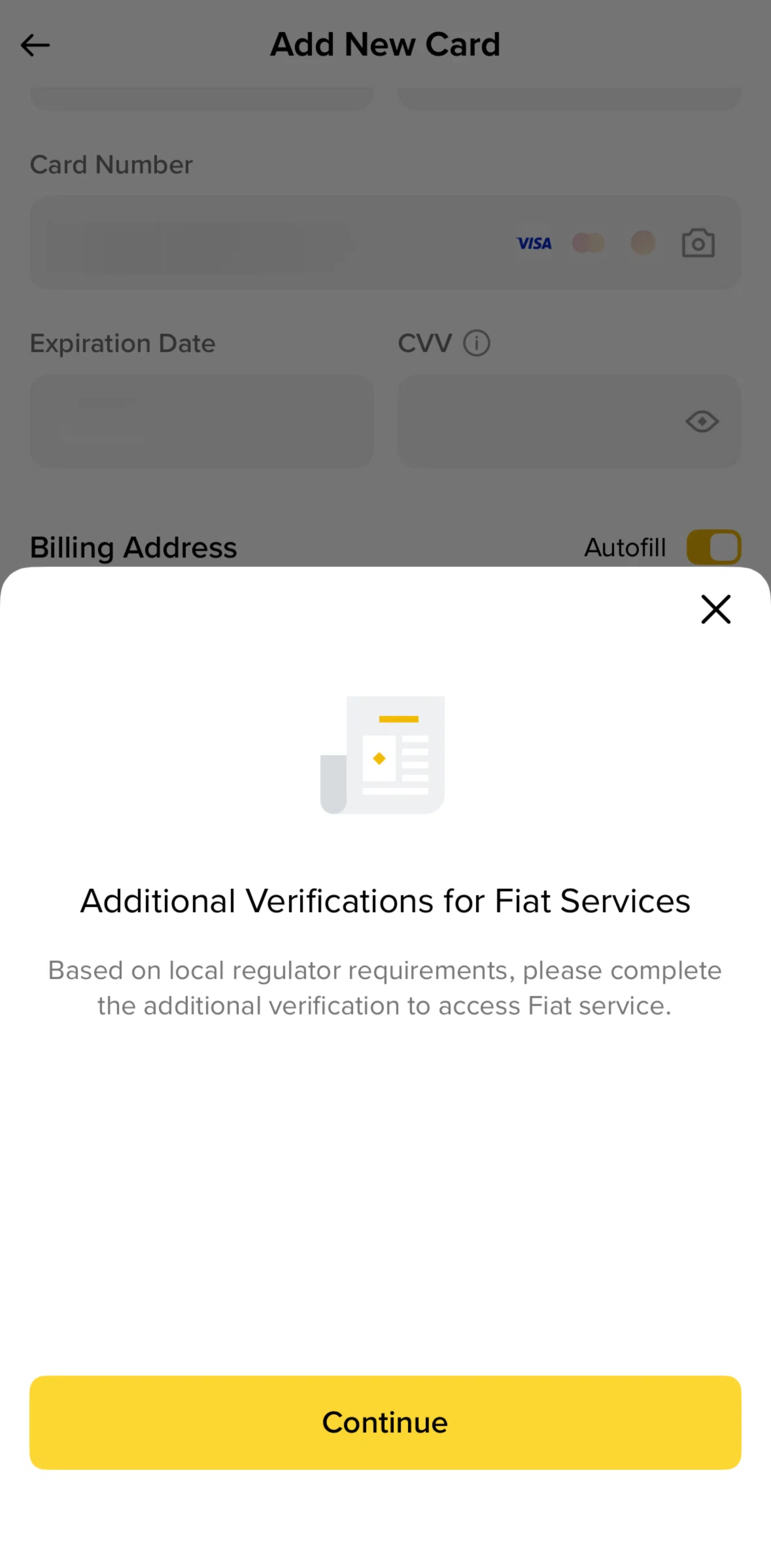 Binance Screen screen in the Verifying identity flow