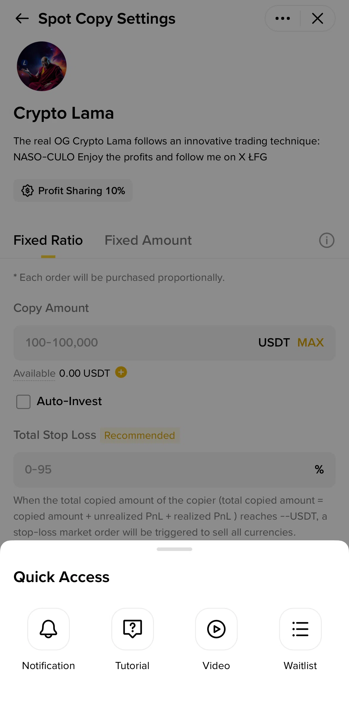 Binance Screen screen in the Watching a video (copy a spot) flow