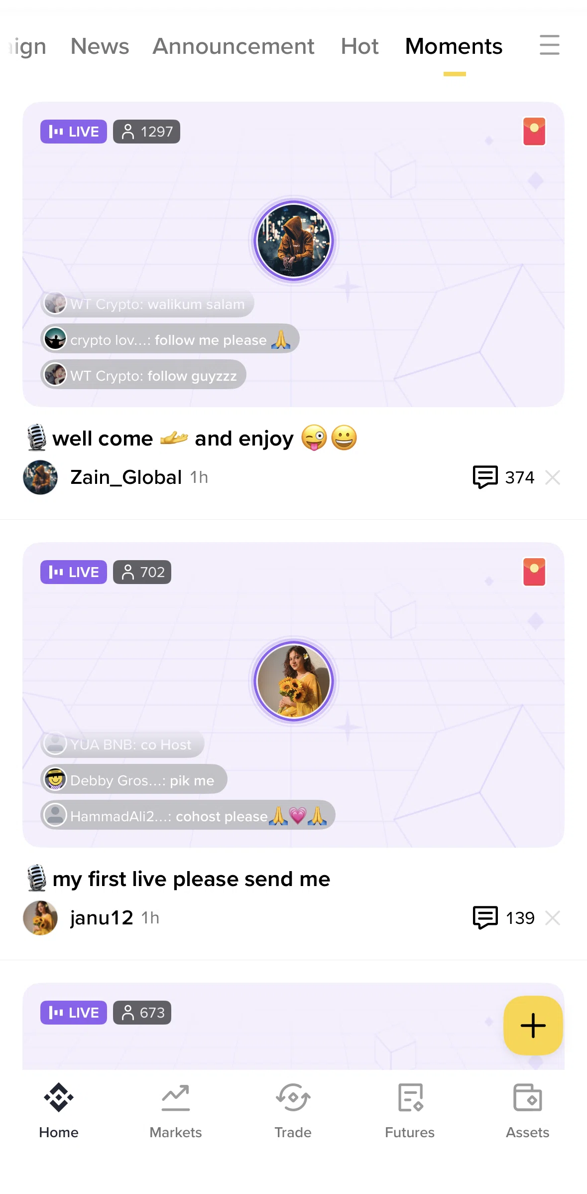 Binance Screen screen in the Watching an audio live flow