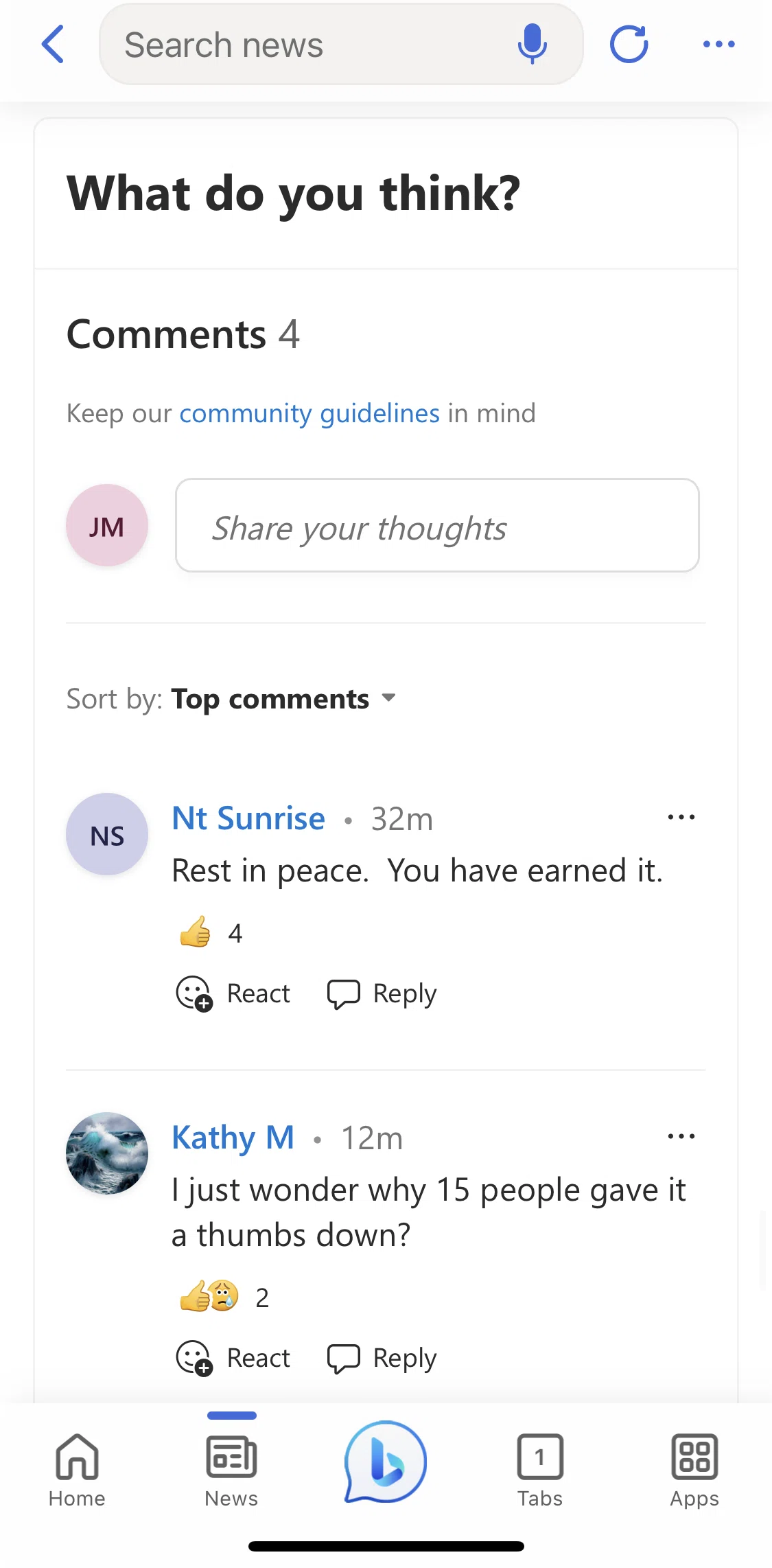 Bing Screen screen in the Commenting on article flow