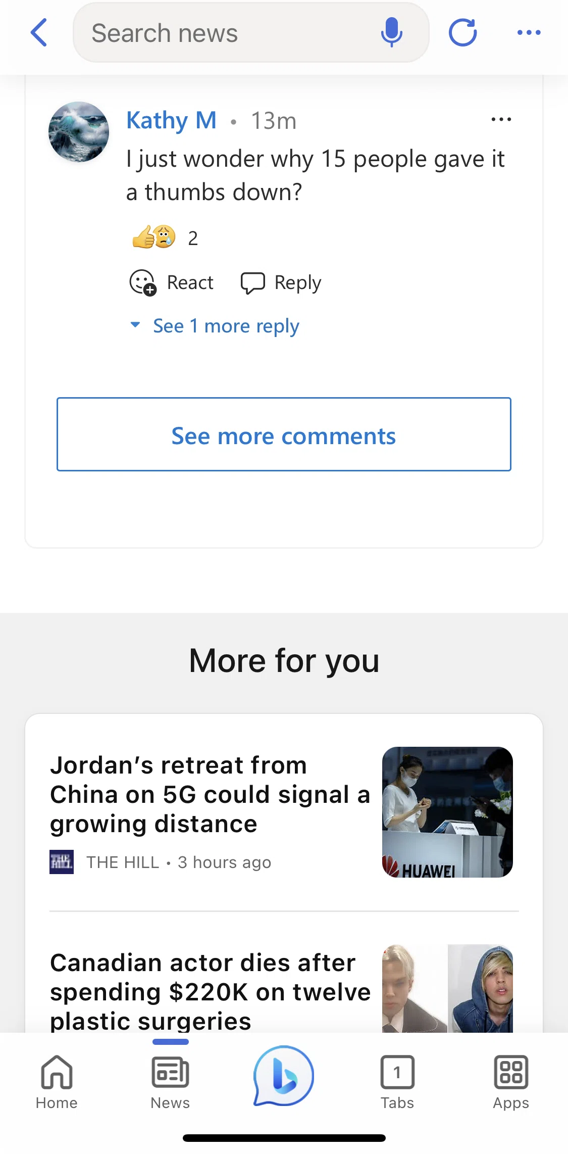 Bing Screen screen in the Liking a comment & following user flow