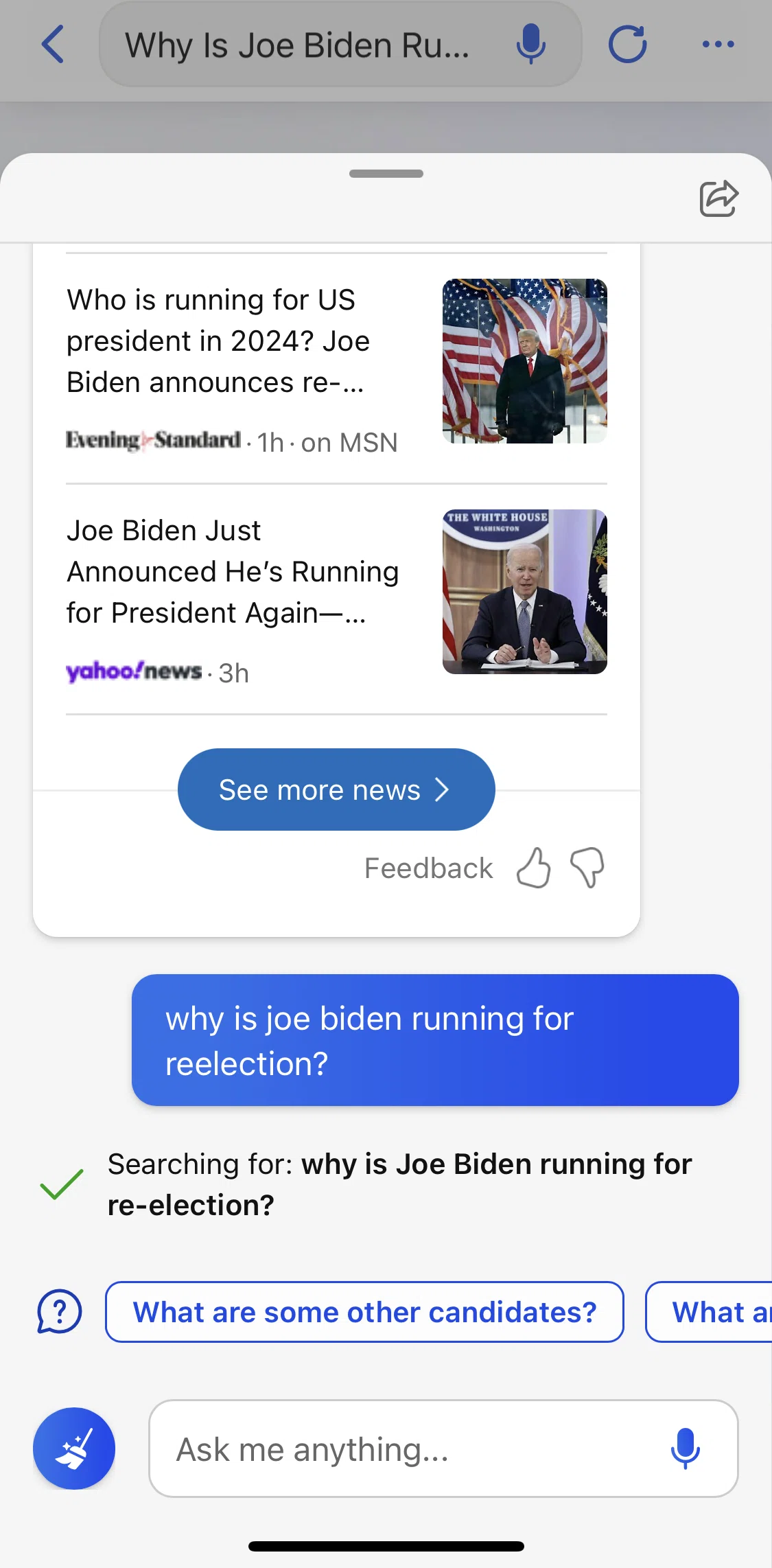 Bing Screen screen in the Sending AI feedback flow