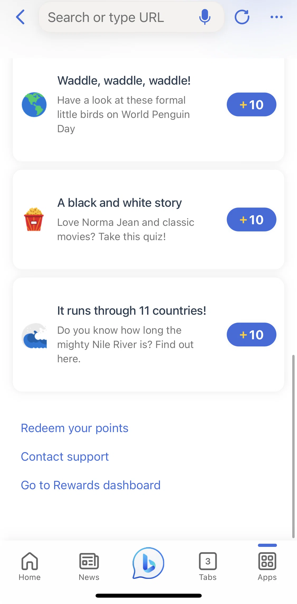Bing Screen screen in the Taking a quiz flow