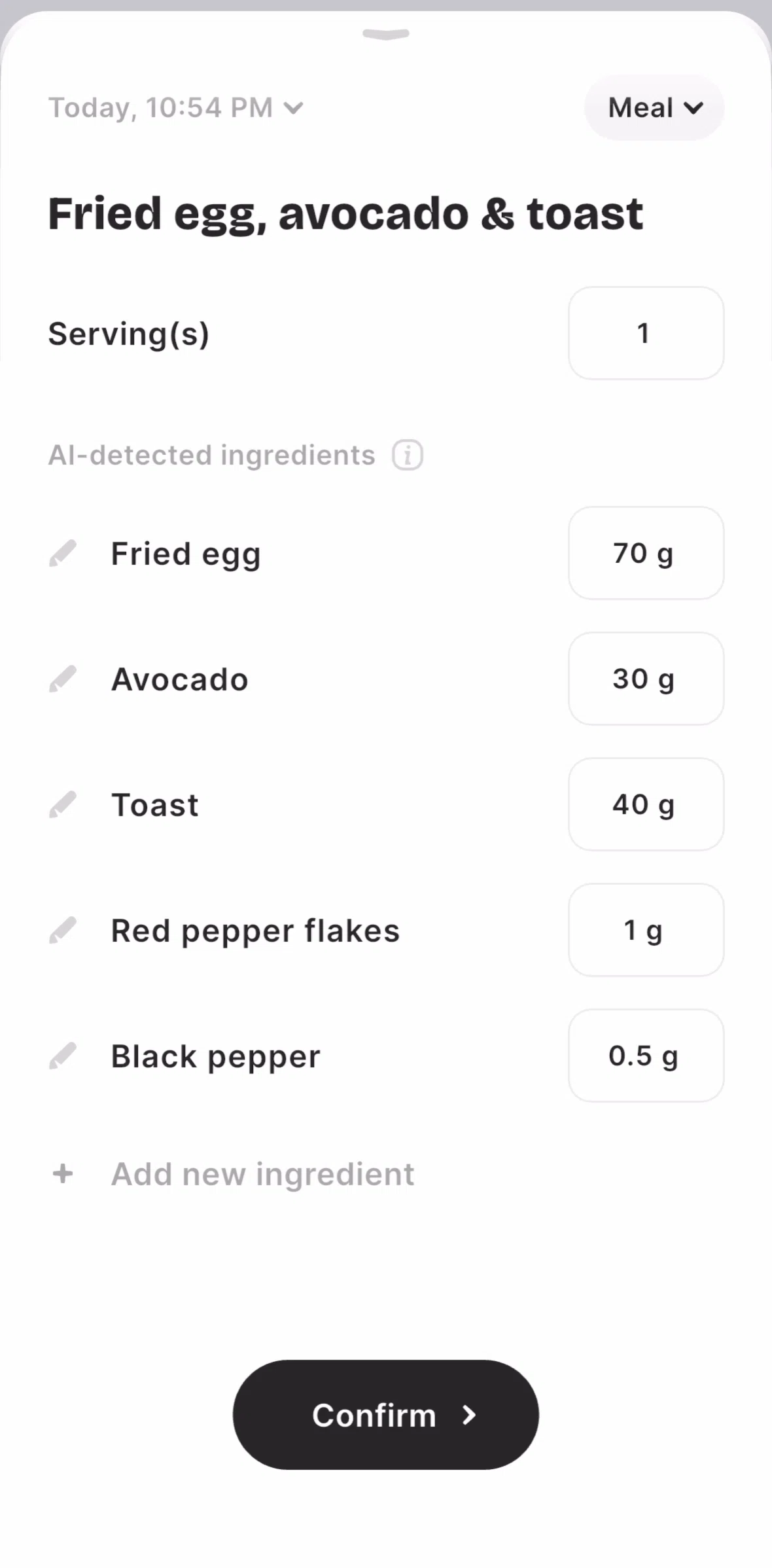 BitePal Screen screen in the Adding an ingredient flow