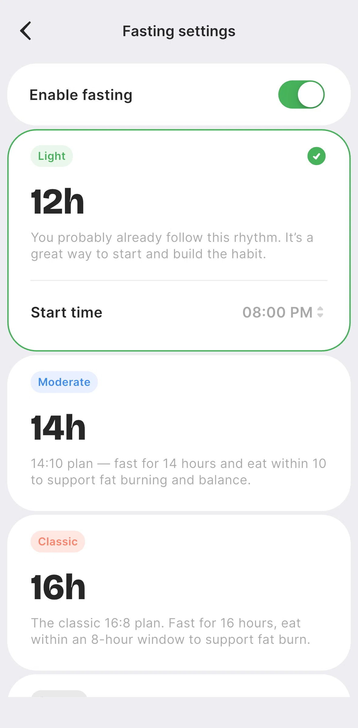 BitePal Screen screen in the Editing fasting start time flow