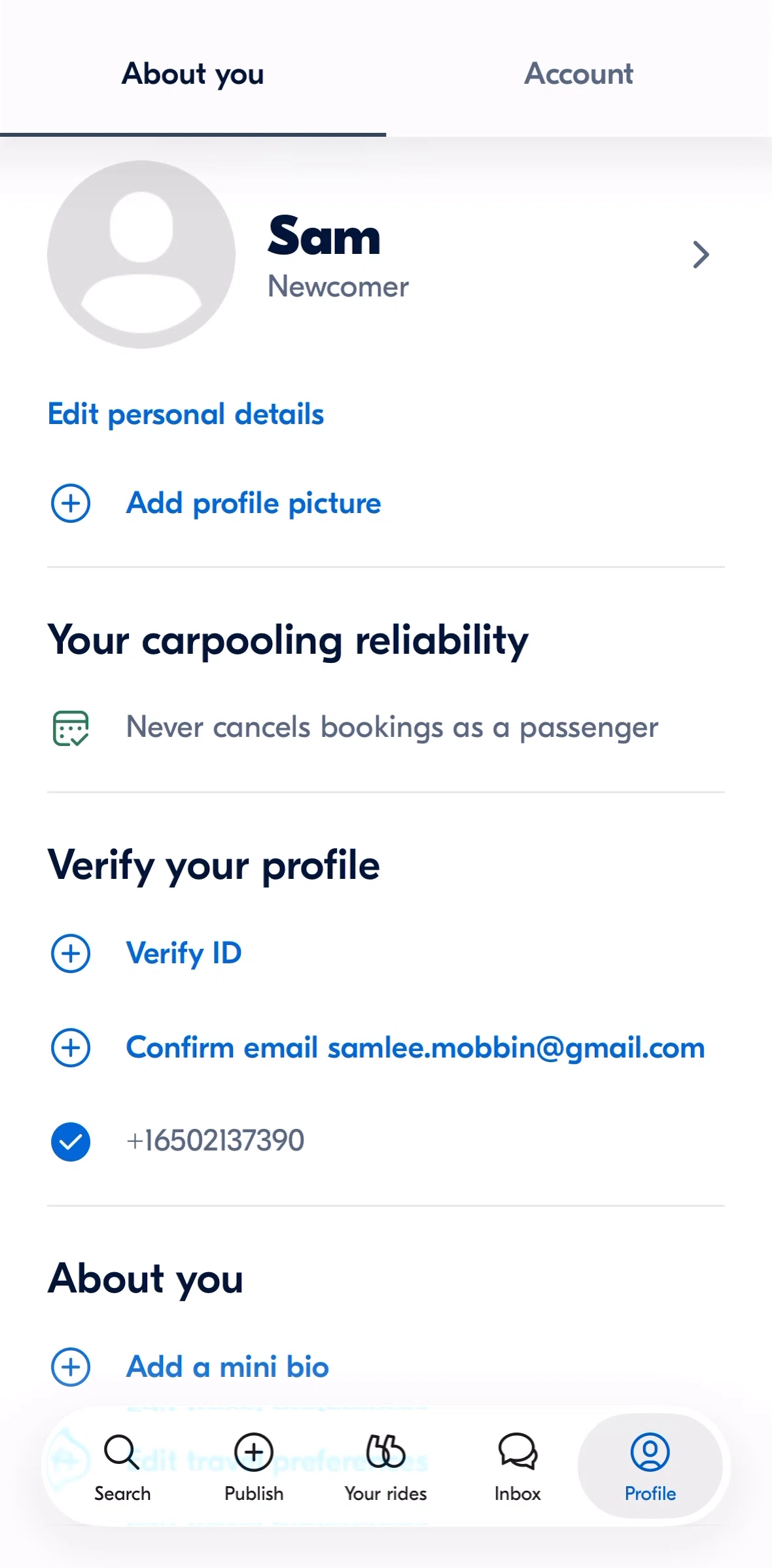 BlaBlaCar Screen screen in the About you flow