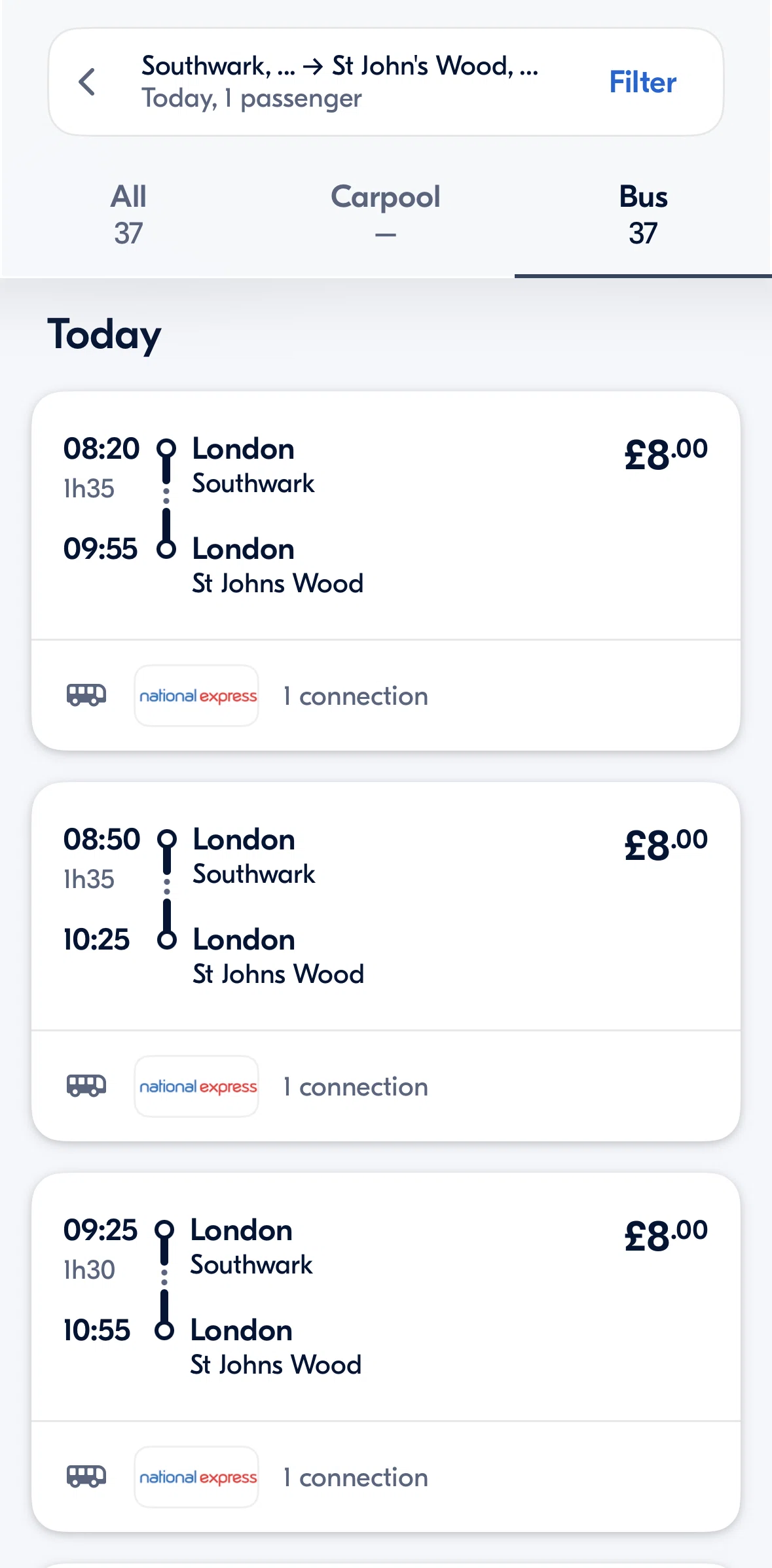 BlaBlaCar Screen screen in the Booking a bus ticket flow