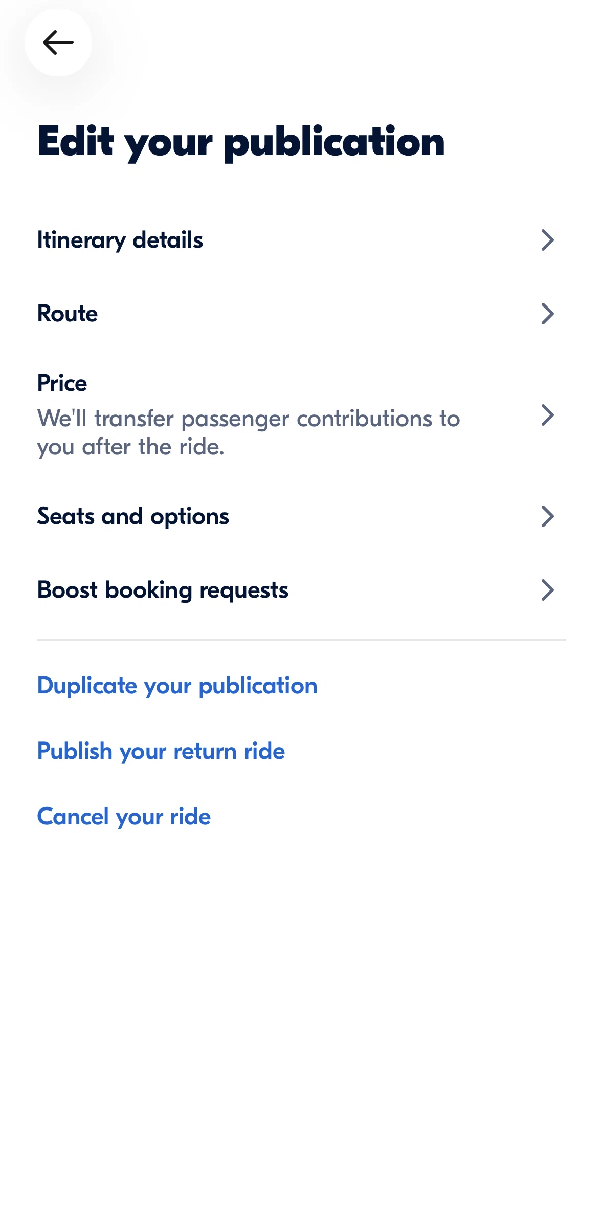 BlaBlaCar Screen screen in the Edit price flow