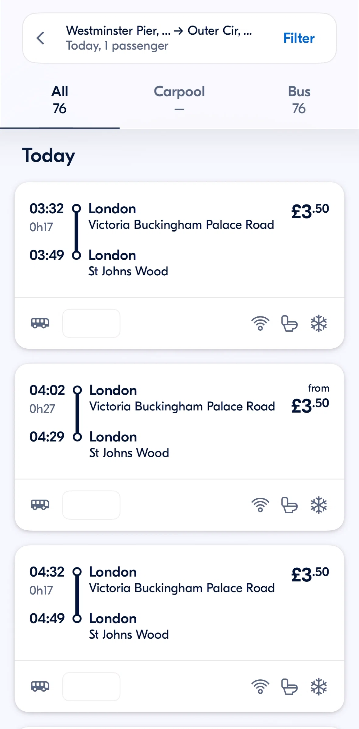 BlaBlaCar Screen screen in the Filtering rides flow