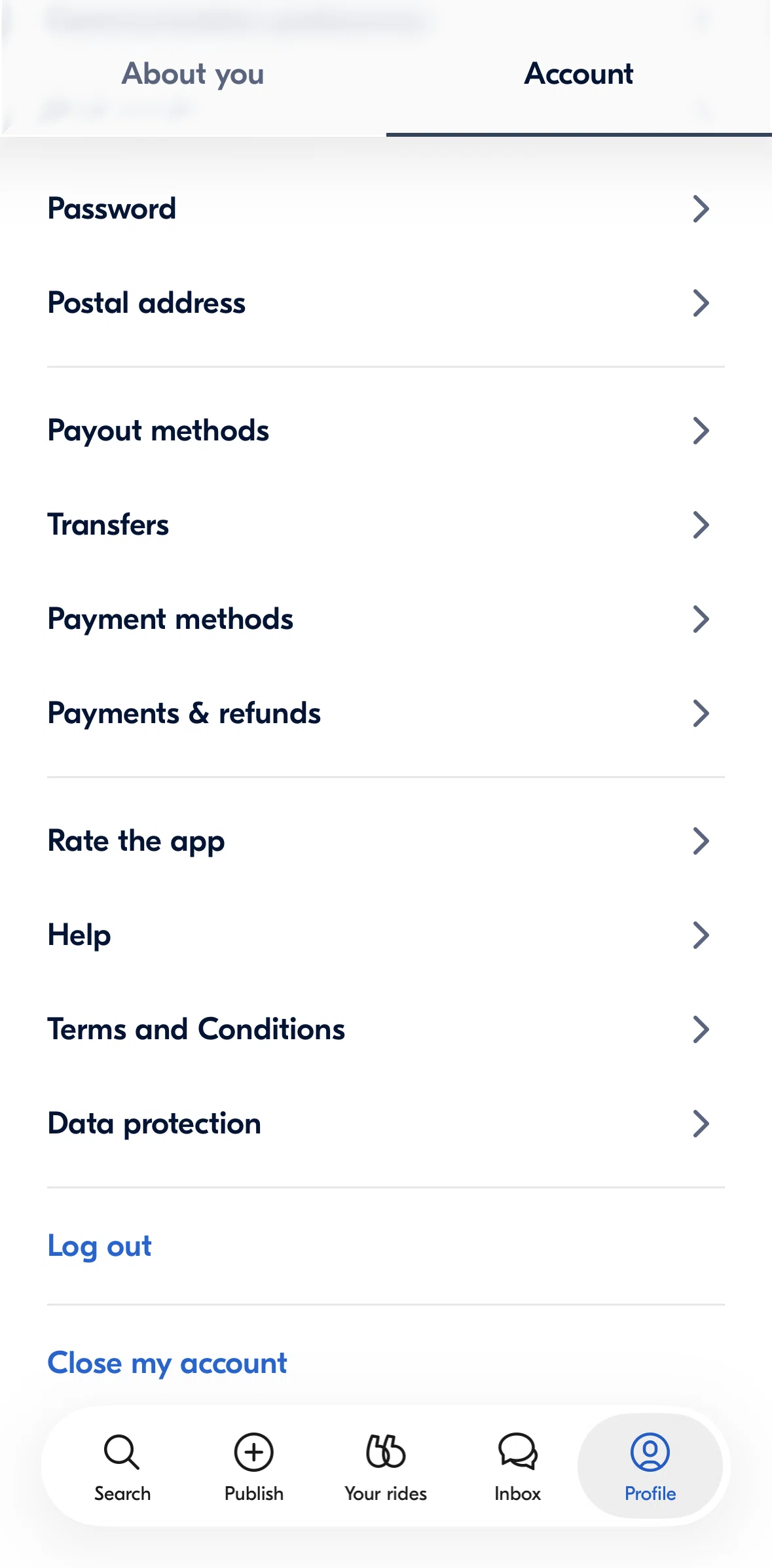 BlaBlaCar Screen screen in the Logging out flow