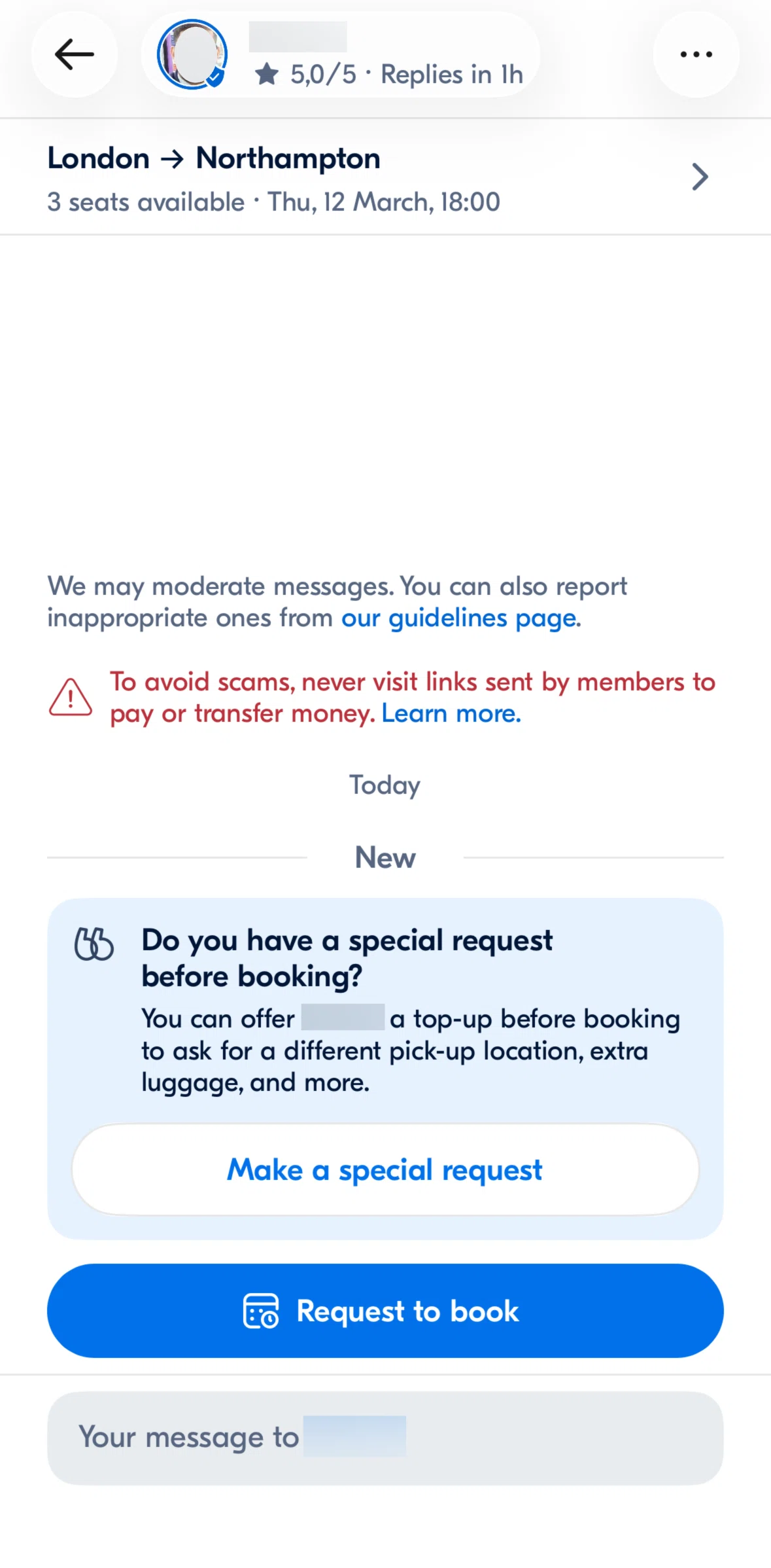 BlaBlaCar Screen screen in the Make a request flow