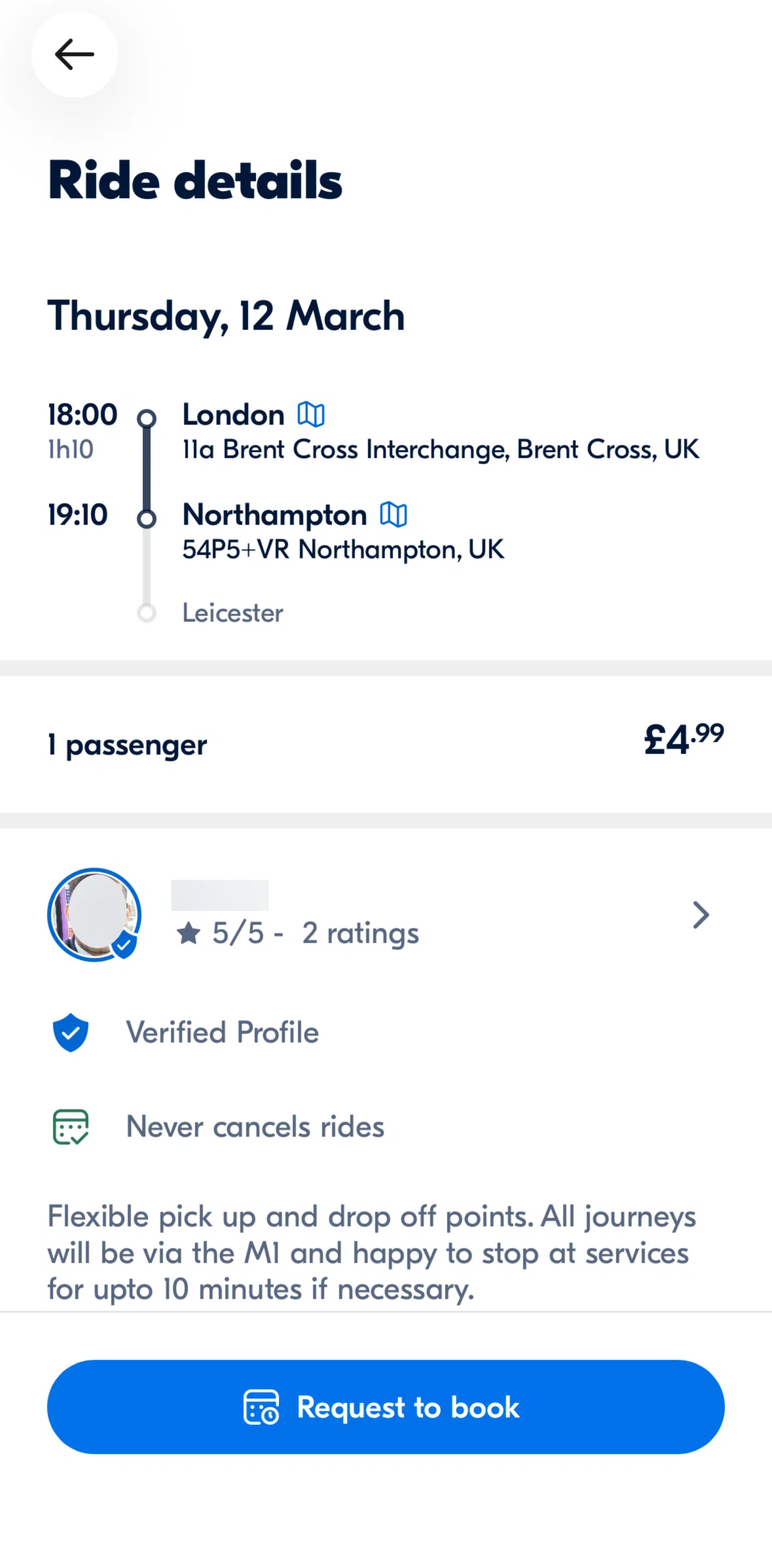 BlaBlaCar Screen screen in the View route flow