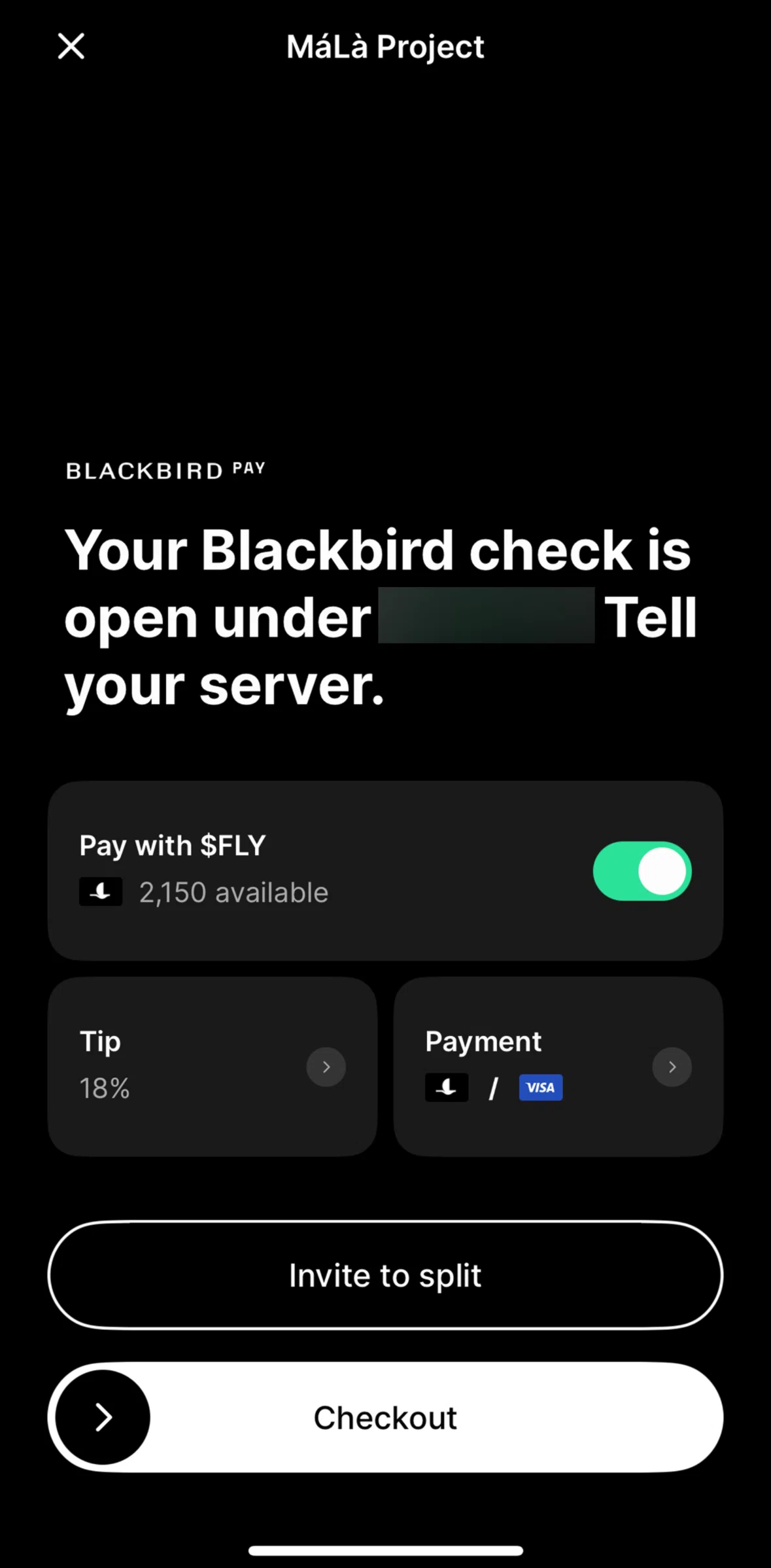 Blackbird Screen screen in the Invite to split flow