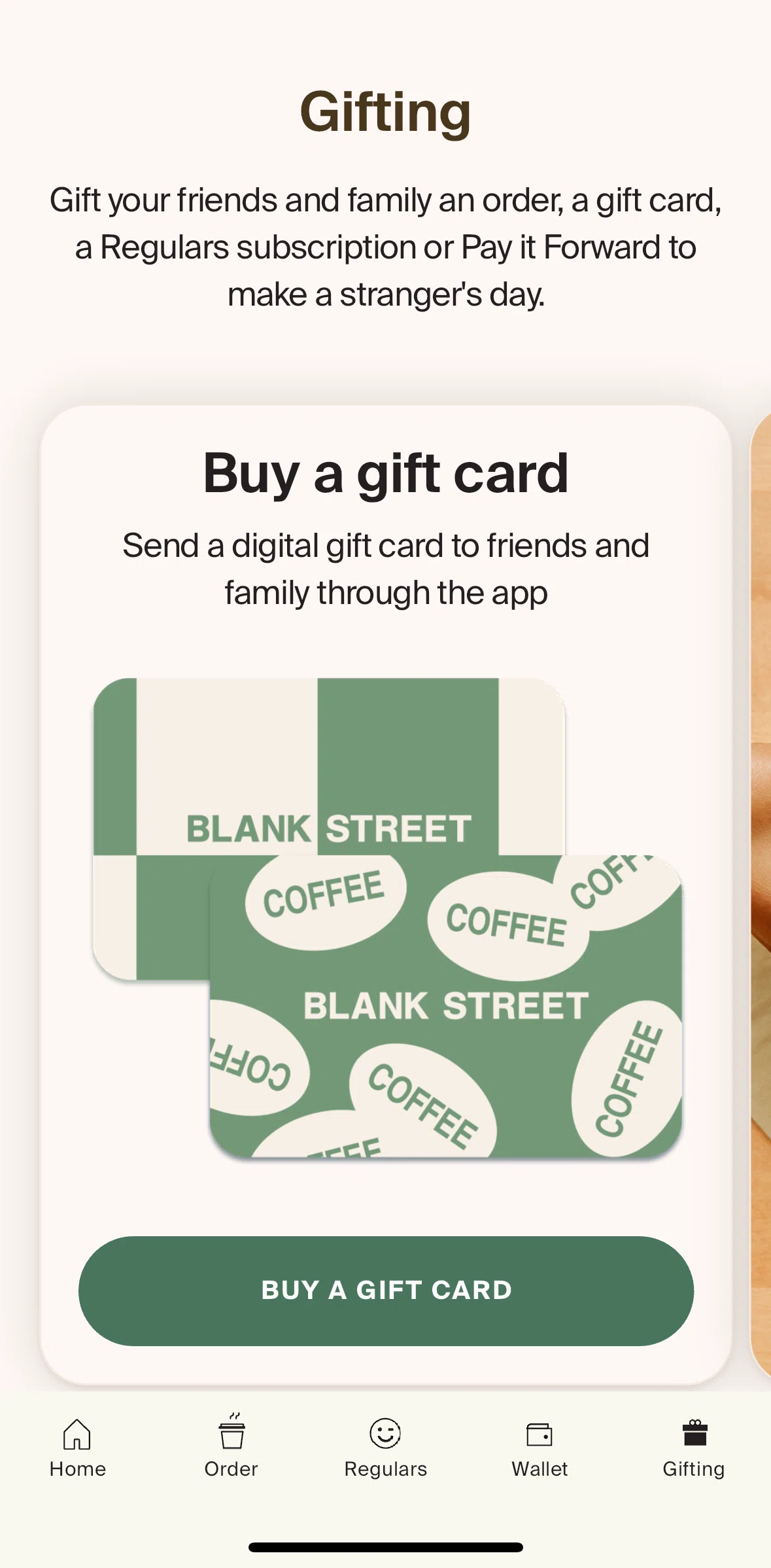 Blank Street Screen screen in the Buying a gift card flow