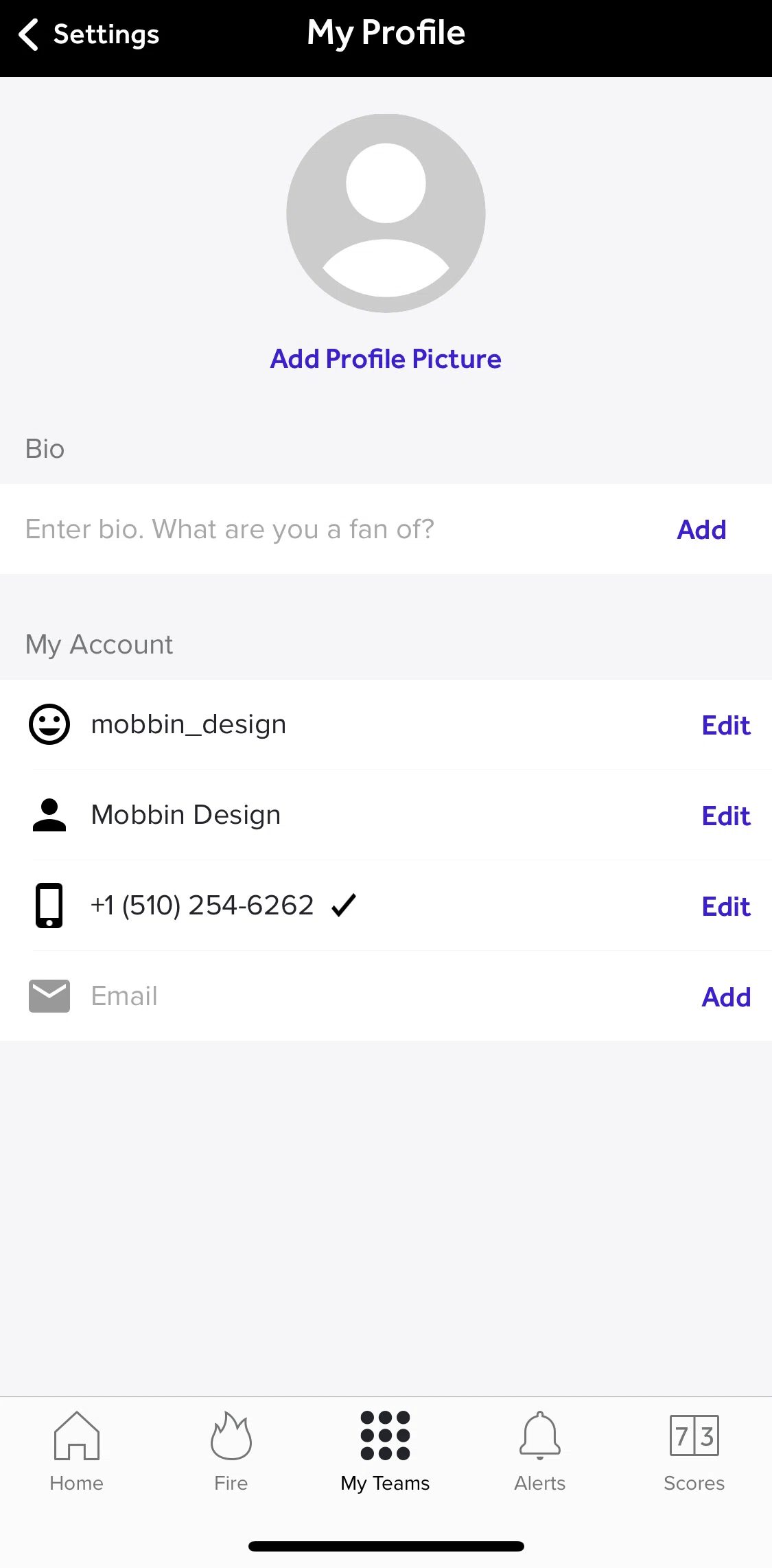 Bleacher Report Screen screen in the Editing profile flow