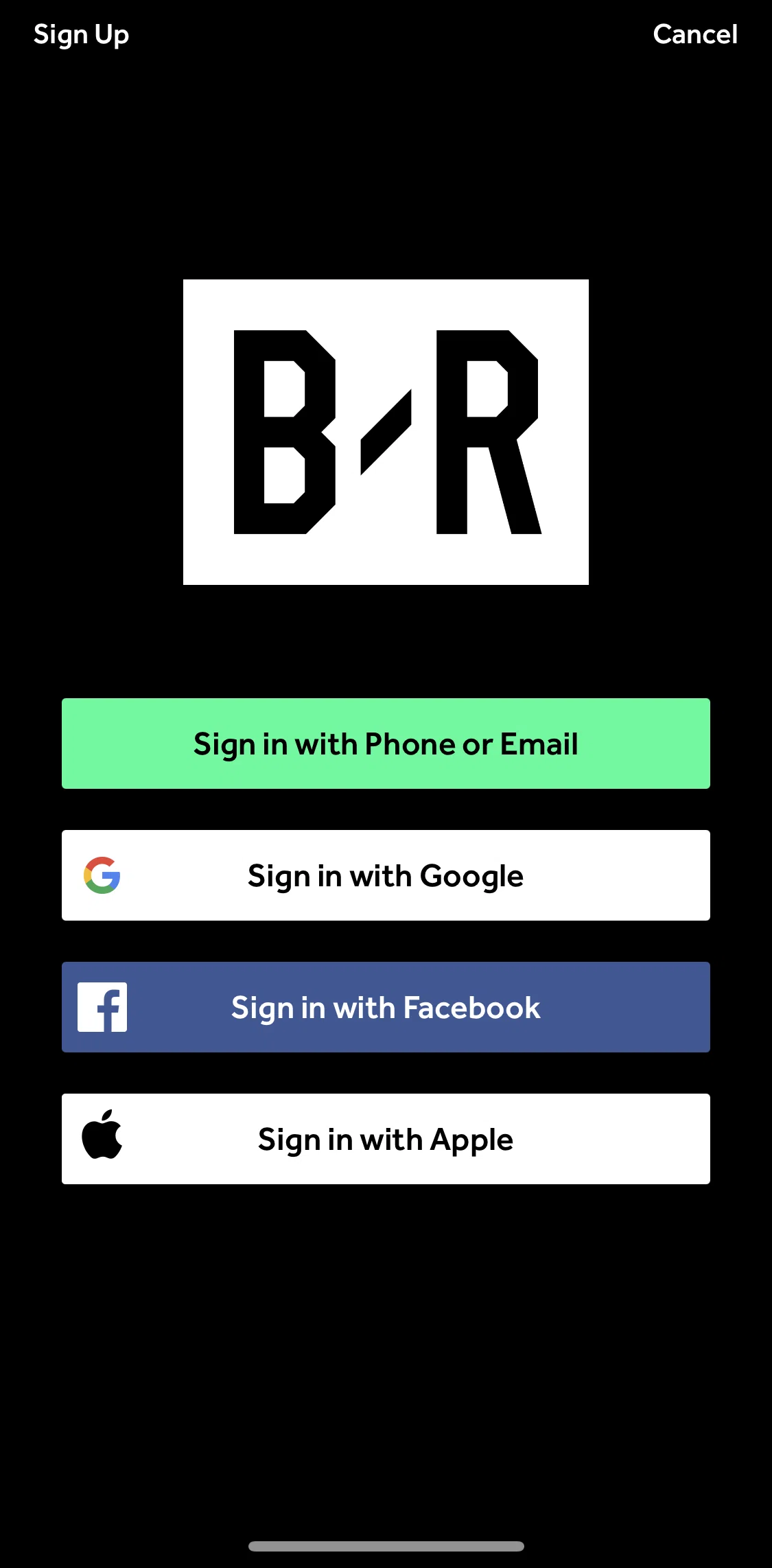 Bleacher Report Screen screen in the Logging in flow