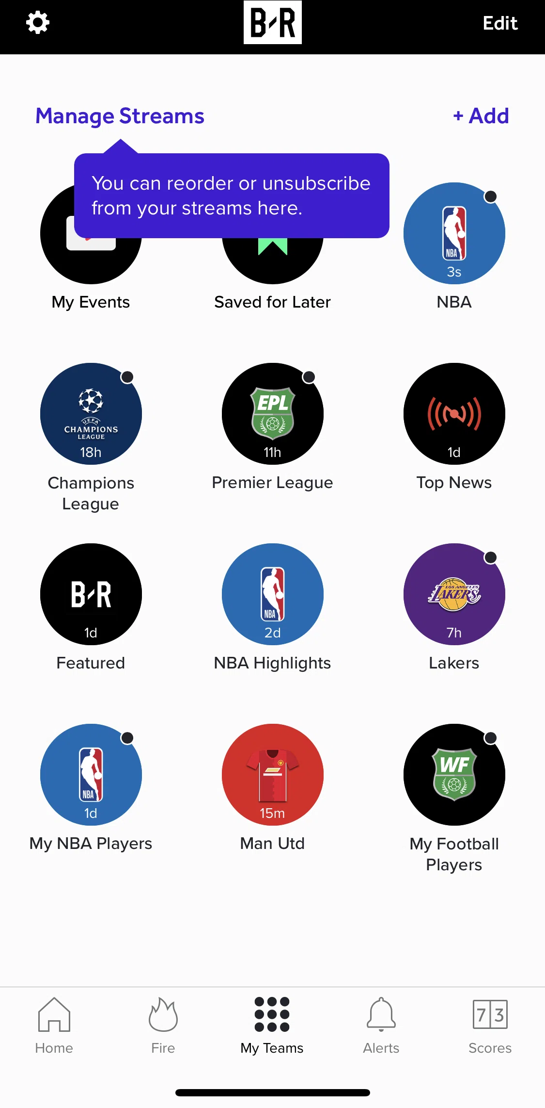 Bleacher Report Screen screen in the Managing streams flow