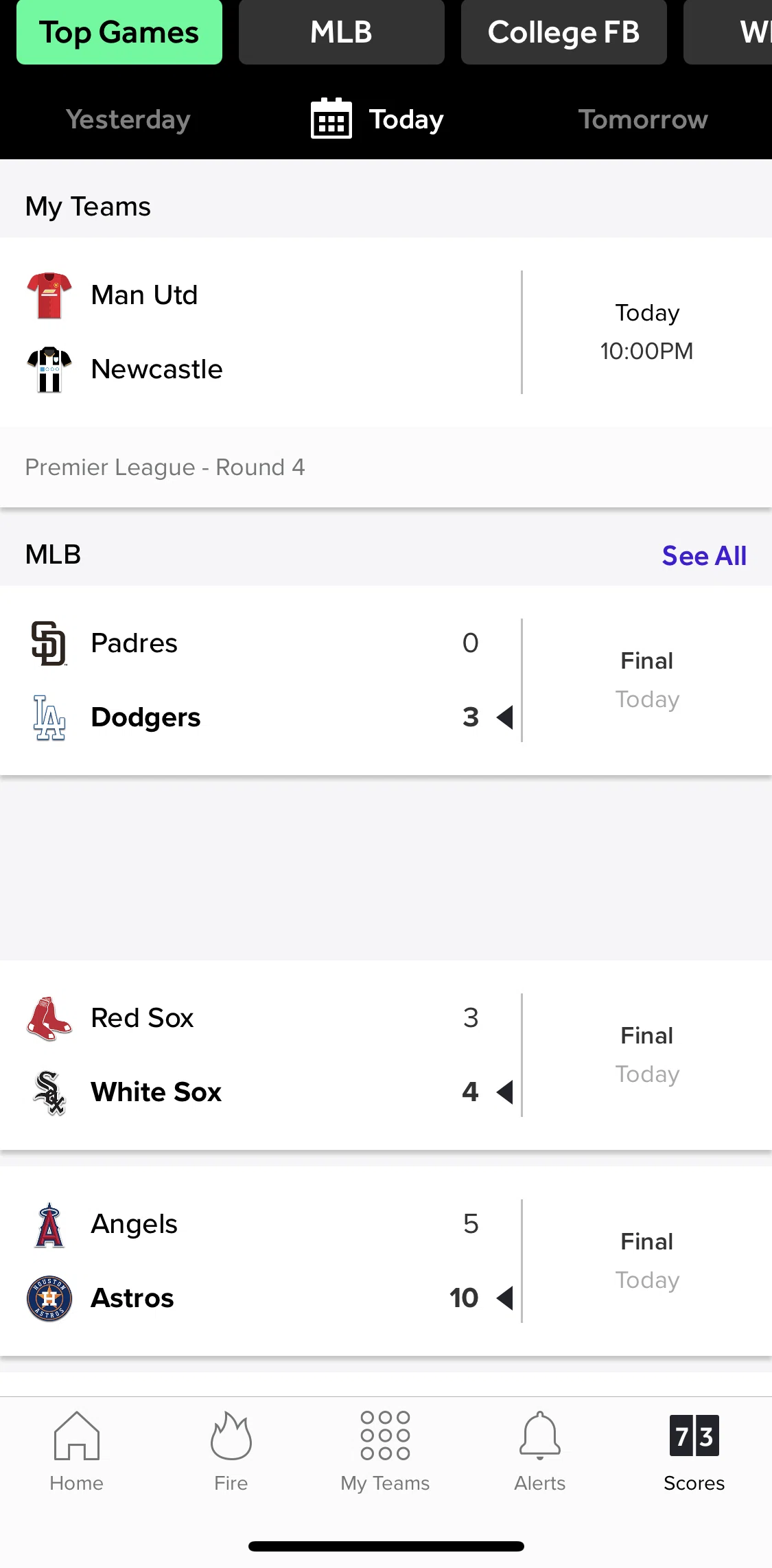 Bleacher Report Screen screen in the Scores flow