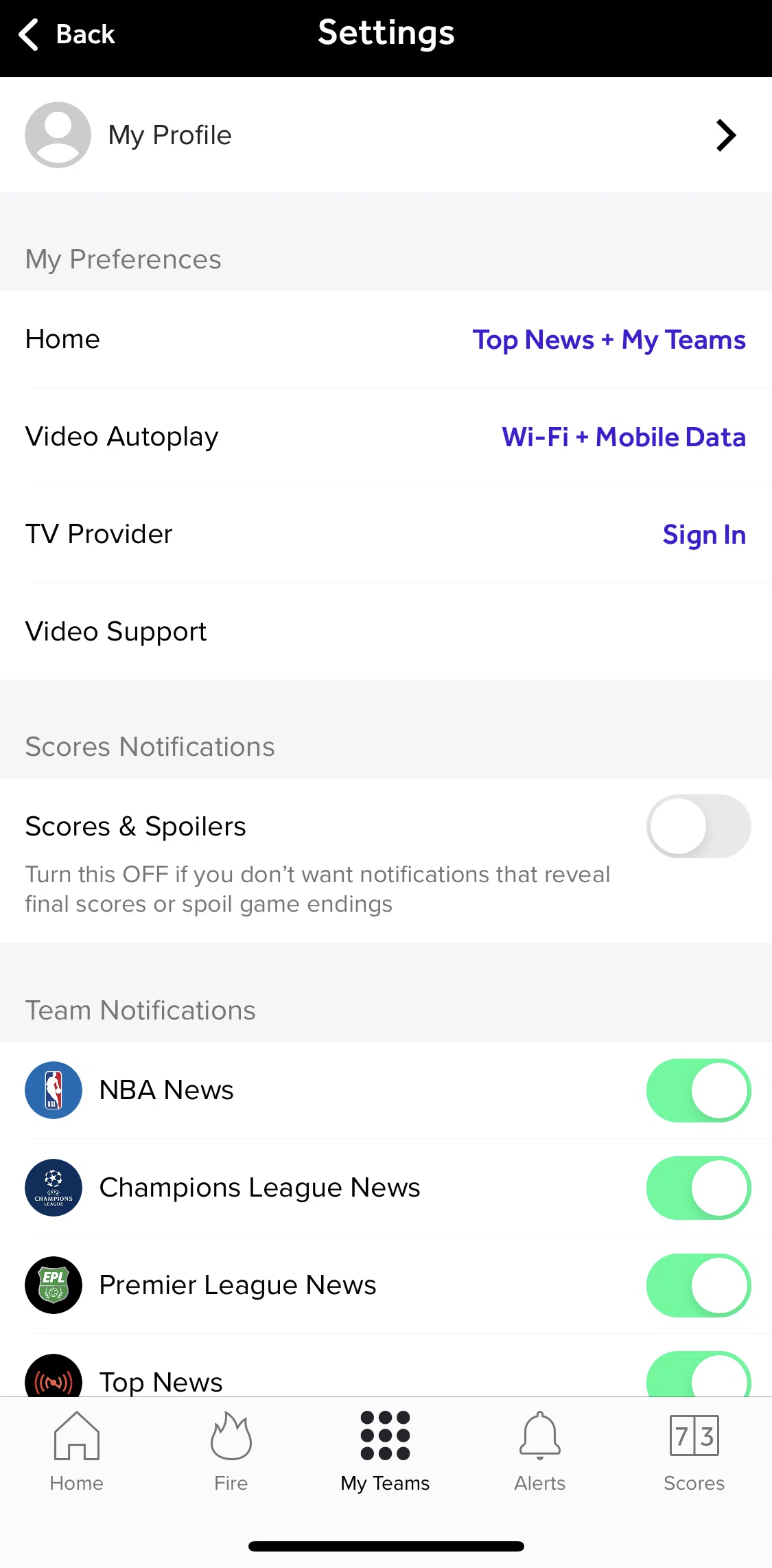 Bleacher Report Screen screen in the Settings flow