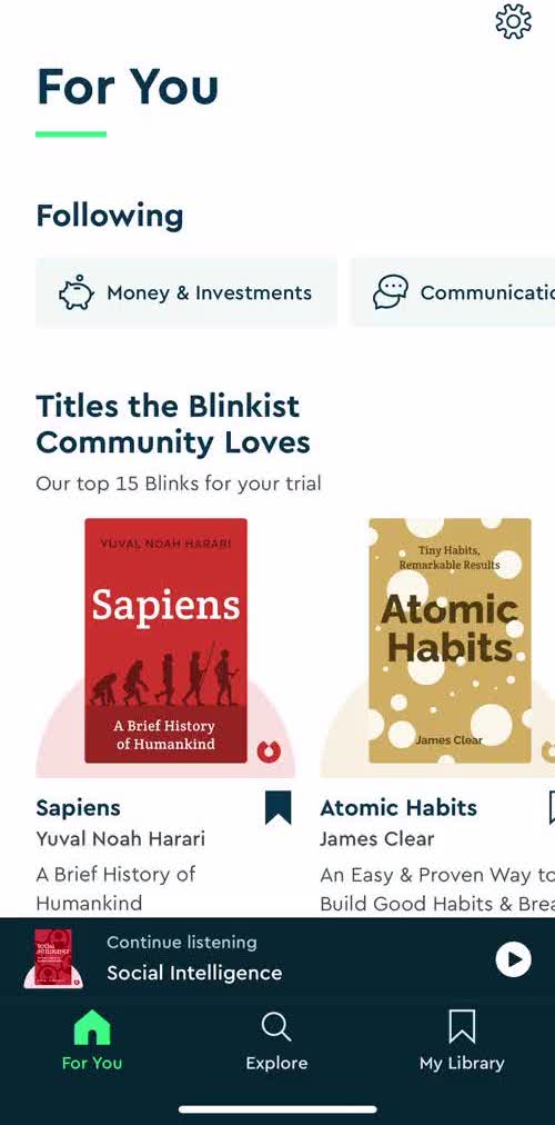 Blinkist Home screen in the Discovering Content flow